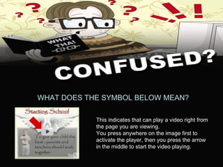 WHAT DOES THE SYMBOL BELOW MEAN? This indicates that can play a video right from the page you are viewing. You press anywhere on the image first to activate the player, then you press the arrow in the middle to start the video playing. 