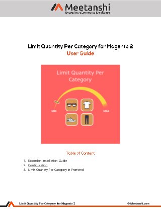 Limit Quantity Per Category for Magento 2 © Meetanshi.com
1. Extension Installation Guide
2. Configuration
3. Limit Quantity Per Category in Frontend
 
