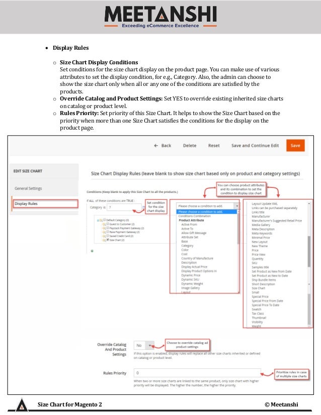 Size Chart for Magento 2 © Meetanshi
• Display Rules
o Size Chart Display Conditions
Set conditions for the size chart display on the product page. You can make use of various
attributes to set the display condition, for e.g., Category. Also, the admin can choose to
show the size chart only when all or any one of the conditions are satisfied by the
products.
o Override Catalog and Product Settings: Set YES to override existing inherited size charts
on catalog or product level.
o Rules Priority: Set priority of this Size Chart. It helps to show the Size Chart based on the
priority when more than one Size Chart satisfies the conditions for the display on the
product page.
 