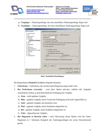 CM-Consult & Rational-Tools project    Partners in Europe:
                                                       IBTS - International Business
                www.rational-tools.com                 & Technology Solutions
                www.cmcons.com                         http://www.ibts-online.com
                rational.tools.info@gmail.com          info@ibts-online.com


_________________________________________________________________________

     a) Vorgänger – Änderungsanfrage, der eine einstellbare Änderungsanfrage folgen soll;
     b) Nachfolger – Änderungsanfrage, die einer einstellbaren Änderungsanfrage folgen soll.




                                  Bild 5. Zusätzliche Einstellungen.


Die Registerkarte Zusätzlich beinhaltet folgende Elemente:
1.   Farbschema – Farbschema, das auf das Gantt-Diagramm angewendet wird;
2.   Das Farbschema verwenden – wird diese Option aktiviert, erhalten alle Aufgaben
     verschiedene Farben, je nach dem Stand der Erledigung der Aufgabe.
     a) Grau – nicht geplante Aufgabe,
     b) Blau – geplante Aufgabe, deren Termin der Erledigung noch nicht eingetroffen ist,
     c) Gelb – geplante Aufgabe, die bearbeitet wird,
     d) Pink – geplante Aufgabe, deren Startdatum abgelaufen ist,
     e) Rot – geplante Aufgabe, deren Enddatum abgelaufen ist,
     f) Grün – abgeschlossene Aufgabe;
3.   Das Diagramm in Bereiche teilen – nach Aktivierung dieser Option wird das Gantt-
     Diagramm in 3 Sektionen bezüglich der Änderungsanfragen der ersten Hierarchiestufe
     geteilt;


                                                                                            11
 