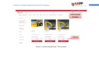 9Panduan User Pejabat Pembuat Komitmen/PPK e-Purchasing
Gambar 7. Halaman Katalog Produk – Pilih Komoditas
1.Klik Beli
2.Klik keranjang
Pembelian
 