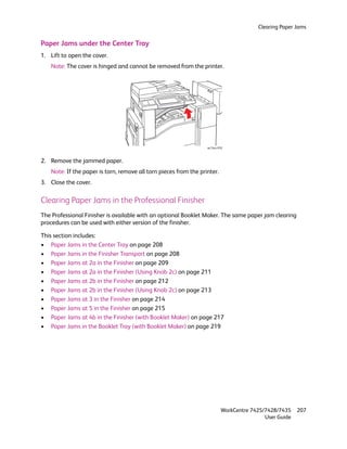 Clearing Paper Jams


Paper Jams under the Center Tray
1. Lift to open the cover.
   Note: The cover is hinged and cannot be removed from the printer.




                                                                  wc74xx-018


2. Remove the jammed paper.
   Note: If the paper is torn, remove all torn pieces from the printer.
3. Close the cover.

Clearing Paper Jams in the Professional Finisher
The Professional Finisher is available with an optional Booklet Maker. The same paper jam clearing
procedures can be used with either version of the finisher.

This section includes:
• Paper Jams in the Center Tray on page 208
• Paper Jams in the Finisher Transport on page 208
• Paper Jams at 2a in the Finisher on page 209
• Paper Jams at 2a in the Finisher (Using Knob 2c) on page 211
• Paper Jams at 2b in the Finisher on page 212
• Paper Jams at 2b in the Finisher (Using Knob 2c) on page 213
• Paper Jams at 3 in the Finisher on page 214
• Paper Jams at 5 in the Finisher on page 215
• Paper Jams at 4b in the Finisher (with Booklet Maker) on page 217
• Paper Jams in the Booklet Tray (with Booklet Maker) on page 219




                                                                           WorkCentre 7425/7428/7435    207
                                                                                           User Guide
 