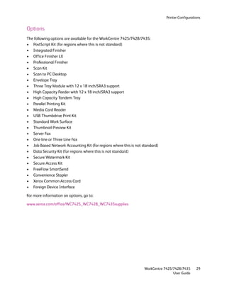 Printer Configurations


Options
The following options are available for the WorkCentre 7425/7428/7435:
• PostScript Kit (for regions where this is not standard)
• Integrated Finisher
• Office Finisher LX
• Professional Finisher
• Scan Kit
• Scan to PC Desktop
• Envelope Tray
• Three Tray Module with 12 x 18 inch/SRA3 support
• High Capacity Feeder with 12 x 18 inch/SRA3 support
• High Capacity Tandem Tray
• Parallel Printing Kit
• Media Card Reader
• USB Thumbdrive Print Kit
• Standard Work Surface
• Thumbnail Preview Kit
• Server Fax
• One line or Three Line Fax
• Job Based Network Accounting Kit (for regions where this is not standard)
• Data Security Kit (for regions where this is not standard)
• Secure Watermark Kit
• Secure Access Kit
• FreeFlow SmartSend
• Convenience Stapler
• Xerox Common Access Card
• Foreign Device Interface

For more information on options, go to:

www.xerox.com/office/WC7425_WC7428_WC7435supplies




                                                                   WorkCentre 7425/7428/7435      29
                                                                                   User Guide
 