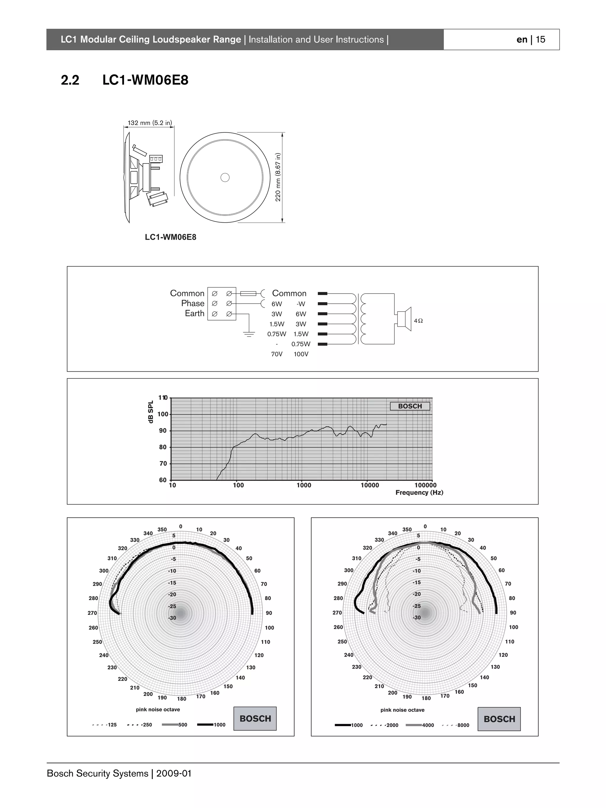 LC1 Modular Ceiling Loudspeaker Range | Installation and User Instructions |                                                                                                                                                 en | 15



   2.2          LC1-WM06E8

                             132 mm (5.2 in)




                                                                                                        220 mm (8.67 in)
                                   LC1-WM06E8




                                                   Common                                              Common
                                                     Phase                                             6W                   -W
                                                      Earth                                            3W                   6W
                                                                                                                                                                           4
                                                                                                      1.5W                  3W
                                                                                                      0.75W                1.5W
                                                                                                         -                 0.75W
                                                                                                       70V                 100V




                                             110
                                    dB SPL




                                                                                                                                                                    BOSCH
                                             100

                                             90

                                             80

                                             70

                                             60
                                                   10                            100                                        1000               10000                  100000
                                                                                                                                                                 Frequency (Hz)




                                                         0                                                                                                                       0
                                             350               10                                                                                                    350                10
                                   340              5                20                                                                                       340           5                 20
                             330                                           30                                                                           330                                         30
                       320                          0                            40                                                               320                       0                             40
                 310                                -5                                 50                                                  310                              -5                                  50

               300                                 -10                                      60                                           300                               -10                                       60

          290                                      -15                                           70                                 290                                    -15                                            70
                                                   -20                                                                                                                     -20
         280                                                                                      80                               280                                                                                     80
                                                   -25                                                                                                                     -25
         270                                                                                      90                               270                                                                                     90
                                                   -30                                                                                                                     -30
         260                                                                                      100                              260                                                                                     100

          250                                                                                    110                                250                                                                                   110

               240                                                                          120                                          240                                                                         120

                 230                                                                   130                                                 230                                                                  130

                       220                                                       140                                                              220                                                     140
                             210                                           150                                                                          210                                         150
                                   200                               160                                                                                      200                             160
                                             190               170                                                                                                   190         180    170
                                                         180
                               pink noise octave                                                                                                         pink noise octave
                                                                                  BOSCH                                                                                                                    BOSCH
                 125               250                   500          1000                                                                 1000               2000               4000         8000




Bosch Security Systems | 2009-01
 