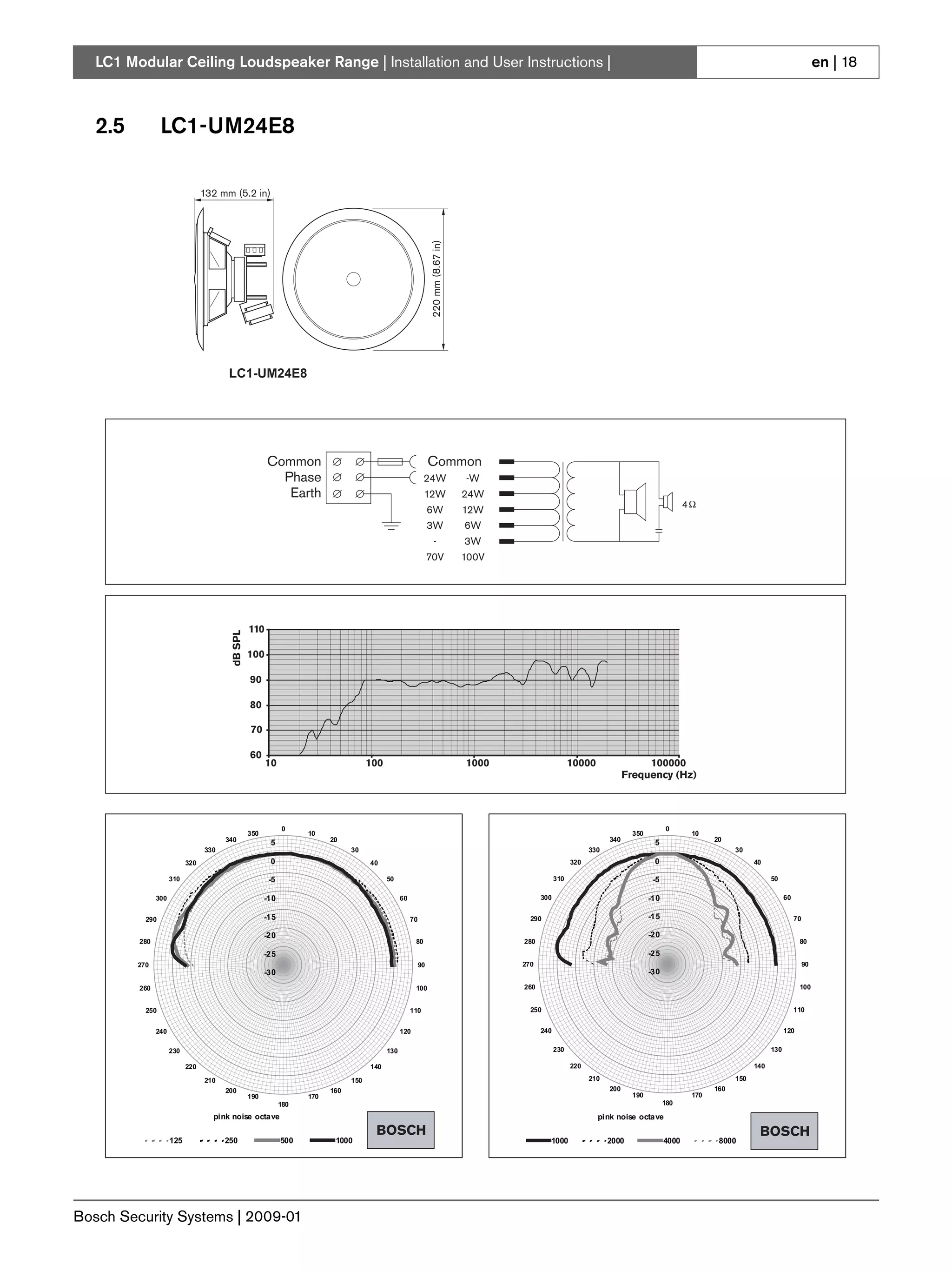 LC1 Modular Ceiling Loudspeaker Range | Installation and User Instructions |                                                                                                                                                                      en | 18



   2.5           LC1-UM24E8

                                 132 mm (5.2 in)




                                                                                                                 220 mm (8.67 in)
                                       LC1-UM24E8




                                                       Common                                                   Common
                                                         Phase                                              24W                     -W
                                                          Earth                                             12W                     24W
                                                                                                                                                                                                    4
                                                                                                                6W                  12W
                                                                                                                3W                  6W
                                                                                                                  -                 3W
                                                                                                                70V                 100V




                                                 110
                                        dB SPL




                                                                                                                                                                                BOSCH
                                                 100

                                                 90

                                                 80

                                                 70

                                                 60
                                                       10                            100                                            1000                     10000                  100000
                                                                                                                                                                               Frequency (Hz)




                                                             0                                                                                                                               0
                                                 350               10                                                                                                            350                    10
                                       340              5                20                                                                                              340            5                     20
                                 330                                           30                                                                                  330                                              30
                           320                          0                            40                                                                      320                        0                                 40

                     310                                -5                                 50                                                          310                              -5                                      50

               300                                     -10                                       60                                              300                                   -10                                            60


           290                                         -15                                            70                                     290                                       -15                                                 70

                                                       -20                                                                                                                             -20
         280                                                                                           80                                  280                                                                                              80
                                                       -25                                                                                                                             -25
         270                                                                                               90                              270                                                                                                  90
                                                       -30                                                                                                                             -30

         260                                                                                           100                                 260                                                                                              100


           250                                                                                        110                                    250                                                                                           110


               240                                                                               120                                             240                                                                                  120

                     230                                                                   130                                                         230                                                                      130

                           220                                                       140                                                                     220                                                          140

                                 210                                           150                                                                                 210                                              150
                                       200                               160                                                                                             200                                  160
                                                 190               170                                                                                                           190                    170
                                                             180                                                                                                                             180

                                   pink noise octave                                                                                                                 pink noise octave
                                                                                      BOSCH                                                                                                                                BOSCH
                     125               250                   500          1000                                                                     1000                  2000                4000              8000




Bosch Security Systems | 2009-01
 