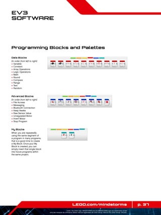 p. 37LEGO.com/mindstorms
LEGO, the LEGO logo, MINDSTORMS and the MINDSTORMS logo are trademarks of the/
sont des marques de commerce de/son marcas registradas de LEGO Group. ©2013 The LEGO Group. 041329.
EV3
Software
Programming Blocks and Palettes
Data Blocks
(In order from left to right)
+	Variable
+	Constant
+	Array Operations
+	Logic Operations
+	Math
+	Round
+	Compare
+	Range
+	Text
+	Random
Advanced Blocks
(In order from left to right)
+	File Access
+	Messaging
+	Bluetooth Connection
+	Keep Awake
+	Raw Sensor Value
+	Unregulated Motor
+	Invert Motor
+	Stop Program
My Blocks
When you are repeatedly
using the same segment of
a program in many programs,
that is a good time to create
a My Block. Once your My
Block is created, you can
simply insert that single block
into future programs within
the same project.
 
