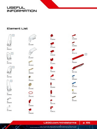 28x
4206482
p. 56LEGO.com/mindstorms
LEGO, the LEGO logo, MINDSTORMS and the MINDSTORMS logo are trademarks of the/
sont des marques de commerce de/son marcas registradas de LEGO Group. ©2013 The LEGO Group. 041329.
Useful
Information
Element List
3x
4558797
3x
4547581
3x
4547582
3x
4558802
4x
4656205
4x
4173941
1x
6015596
1x
6015597
4x
4514554
3x
4666999
1x
4565452
1x
6031962
1x
4544143
8x
4188298
4x
4189936
2x
4128594
6x
4234429
14x
4175442
17x
4128598
4x
4173975
3x
4545430
6x
4185661
4x
4254606
9x
4227155
1x
4189131
3x
4513174
12x
4142865
10x
4140806
4x
4562805
6x
4657296
11x
4239601
38x
4514553
4x
6031821
 