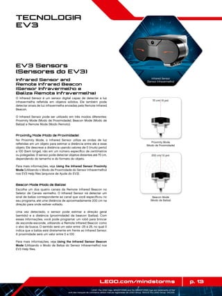 70cm / 27inch
200cm / 79inch
70 cm/ 10 pol.
200 cm/ 10 pol.
p. 13LEGO.com/mindstorms
LEGO, the LEGO logo, MINDSTORMS and the MINDSTORMS logo are trademarks of the/
sont des marques de commerce de/son marcas registradas de LEGO Group. ©2013 The LEGO Group. 041329.
Tecnologia
EV3
Infrared Sensor and
Remote Infrared Beacon
(Sensor Infravermelho e
Baliza Remota Infravermelha)
O Infrared Sensor é um sensor digital capaz de detectar a luz
infravermelha refletida em objetos sólidos. Ele também pode
detectar sinais de luz infravermelha enviadas pela Remote Infrared
Beacon.
O Infrared Sensor pode ser utilizado em três modos diferentes:
Proximity Mode (Modo de Proximidade), Beacon Mode (Modo de
Baliza) e Remote Mode (Modo Remoto).
Proximity Mode (Modo de Proximidade)
No Proximity Mode, o Infrared Sensor utiliza as ondas de luz
refletidas em um objeto para estimar a distância entre ele e esse
objeto. Ele descreve a distância usando valores de 0 (muito perto)
a 100 (bem longe), não em um número específico de centímetros
ou polegadas. O sensor pode detectar objetos distantes até 70 cm,
dependendo do tamanho e do formato do objeto.
Para mais informações, veja Using the Infrared Sensor Proximity
Mode (Utilizando o Modo de Proximidade do Sensor Infravermelho)
nos EV3 Help files (arquivos de Ajuda do EV3).
Beacon Mode (Modo de Baliza)
Escolha um dos quatro canais da Remote Infrared Beacon no
Seletor de Canais vermelho. O Infrared Sensor irá detectar um
sinal de baliza correspondente ao canal que você especificou no
seu programa, até uma distância de aproximadamente 200 cm na
direção para onde estiver voltado.
Uma vez detectado, o sensor pode estimar a direção geral
(sentido) e a distância (proximidade) da beacon (baliza). Com
essas informações, você pode programar um robô para brincar
de esconde-esconde, utilizando a Remote Infrared Beacon como
o alvo da busca. O sentido será um valor entre -25 e 25, no qual 0
indica que a baliza está diretamente em frente ao Infrared Sensor.
A proximidade será um valor entre 0 e 100.
Para mais informações, veja Using the Infrared Sensor Beacon
Mode (Utilizando o Modo de Baliza do Sensor Infravermelho) nos
EV3 Help files.
EV3 Sensors
(Sensores do EV3)
Proximity Mode
(Modo de Proximidade)
Beacon Mode
(Modo de Baliza)
Infrared Sensor
(Sensor Infravermelho)
 