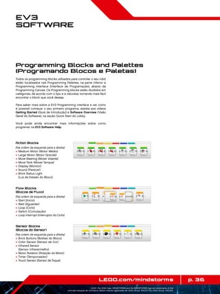 p. 36LEGO.com/mindstorms
LEGO, the LEGO logo, MINDSTORMS and the MINDSTORMS logo are trademarks of the/
sont des marques de commerce de/son marcas registradas de LEGO Group. ©2013 The LEGO Group. 041329.
EV3
Software
Programming Blocks and Palettes
(Programando Blocos e Paletas)
Todos os programming blocks utilizados para controlar o seu robô
estão localizados nas Programming Palettes, na parte inferior a
Programming Interface (interface de Programação), abaixo da
Programming Canvas. Os Programming blocks estão divididos em
categorias, de acordo com o tipo e a natureza, tornando mais fácil
encontrar o block que você deseja.
Para saber mais sobre a EV3 Programming interface e ver como
é possível começar o seu primeiro programa, assista aos vídeos
Getting Started (Guia de Introdução) e Software Overview (Visão
Geral do Software), na seção Quick Start do Lobby.
Você pode ainda encontrar mais informações sobre como
programar na EV3 Software Help.
Action Blocks
(Na ordem da esquerda para a direita)
+	Medium Motor (Motor Médio)
+	Large Motor (Motor Grande)
+	Move Steering (Mover Volante)
+	 Move Tank (Mover Tanque)
+	Display (Monitor)
+	Sound (Parecer)
+	Brick Status Light
(Luz de Estado do Bloco)
Flow Blocks
(Blocos de Fluxo)
(Na ordem da esquerda para a direita)
+	Start (Início)
+	Wait (Aguardar)
+	Loop (Ciclo)
+	Switch (Comutação)
+	Loop Interrupt (Interruptor do Ciclo)
Sensor Blocks
(Blocos do Sensor)
(Na ordem da esquerda para a direita)
+	Brick Buttons (Botões do Bloco)
+	Color Sensor (Sensor de Cor)
+	Infrared Sensor
(Sensor Infravermelho)
+	Motor Rotation (Rotação do Motor)
+	Timer (Temporizador)
+	Touch Sensor (Sensor de Toque)
 