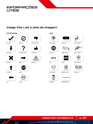 p. 52LEGO.com/mindstorms
LEGO, the LEGO logo, MINDSTORMS and the MINDSTORMS logo are trademarks of the/
sont des marques de commerce de/son marcas registradas de LEGO Group. ©2013 The LEGO Group. 041329.
Informações
Úteis
Image File List (Lista de Imagem)
INFORMAÇÕES LEGO
Accept
Backward
Decline
Forward
Left
No go
Question mark
Right
Stop 1
Stop 2
Thumbs down
Thumbs up
Warning
Color sensor
EV3 icon
EV3
Gyro sensor
IR beacon
IR sensor
Large motor
US sensor
LEGO
Medium motor
MINDSTORMS
Sound sensor
Temp. sensor
Touch sensor
 