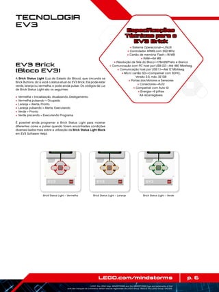 p. 6LEGO.com/mindstorms
LEGO, the LEGO logo, MINDSTORMS and the MINDSTORMS logo are trademarks of the/
sont des marques de commerce de/son marcas registradas de LEGO Group. ©2013 The LEGO Group. 041329.
Tecnologia
EV3
A Brick Status Light (Luz de Estado do Bloco), que circunda os
Brick Buttons, diz a você o status atual do EV3 Brick. Ela pode estar
verde, laranja ou vermelha, e pode ainda pulsar. Os códigos da Luz
de Brick Status Light são os seguintes:
+	Vermelha = Inicialização, Atualizando, Desligamento
+	Vermelha pulsando = Ocupado
+	Laranja = Alerta, Pronto
+	Laranja pulsando = Alerta, Executando
+	Verde = Pronto
+	Verde piscando = Executando Programa
É possível ainda programar a Brick Status Light para mostrar
diferentes cores e pulsar quando forem encontradas condições
diversas (saiba mais sobre a utilização da Brick Status Light Block
em EV3 Software Help).
EV3 Brick
(Bloco EV3)
Especificações
Técnicas para o
EV3 Brick
+ Sistema Operacional—LINUX
+ Controlador ARM9 com 300 MHz
+ Cartão de memória Flash—16 MB
+ RAM—64 MB
+ Resolução da Tela do Bloco—178x128/Preto e Branco
+ Comunicação com PC host por USB 2.0—Até 480 Mbit/seg.
+ Comunicação host por USB 1.1—Até 12 Mbit/seg.
+ Micro cartão SD—Compatível com SDHC,
Versão 2.0, máx. 32 GB
+ Portas dos Motores e Sensores
+ Conectores—RJ12
+ Compatível com Auto ID
+ Energia—6 pilhas
AA recarregáveis
Brick Status Light – Vermelha Brick Status Light – Laranja Brick Status Light – Verde
 