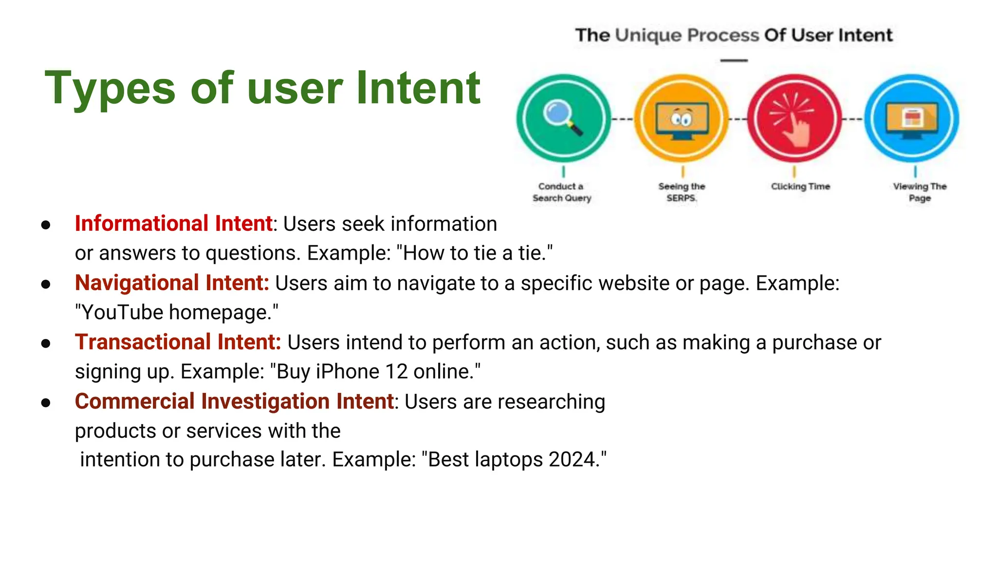 Types of user Intent
● Informational Intent: Users seek information
or answers to questions. Example: "How to tie a tie."
● Navigational Intent: Users aim to navigate to a specific website or page. Example:
"YouTube homepage."
● Transactional Intent: Users intend to perform an action, such as making a purchase or
signing up. Example: "Buy iPhone 12 online."
● Commercial Investigation Intent: Users are researching
products or services with the
intention to purchase later. Example: "Best laptops 2024."
 