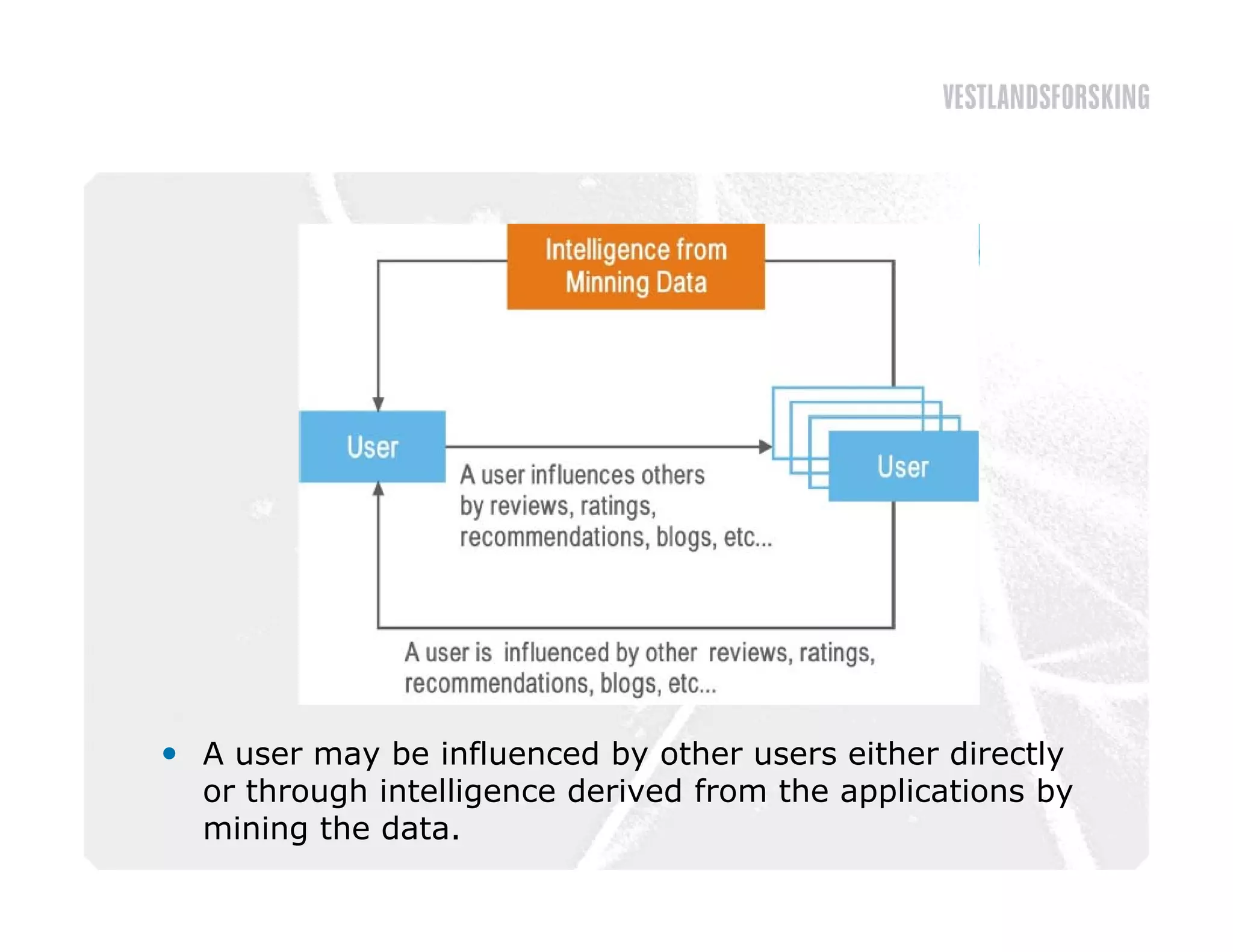  A user may be influenced by other users either directly
  or through intelligence derived from the applications by
  mining the data.
 