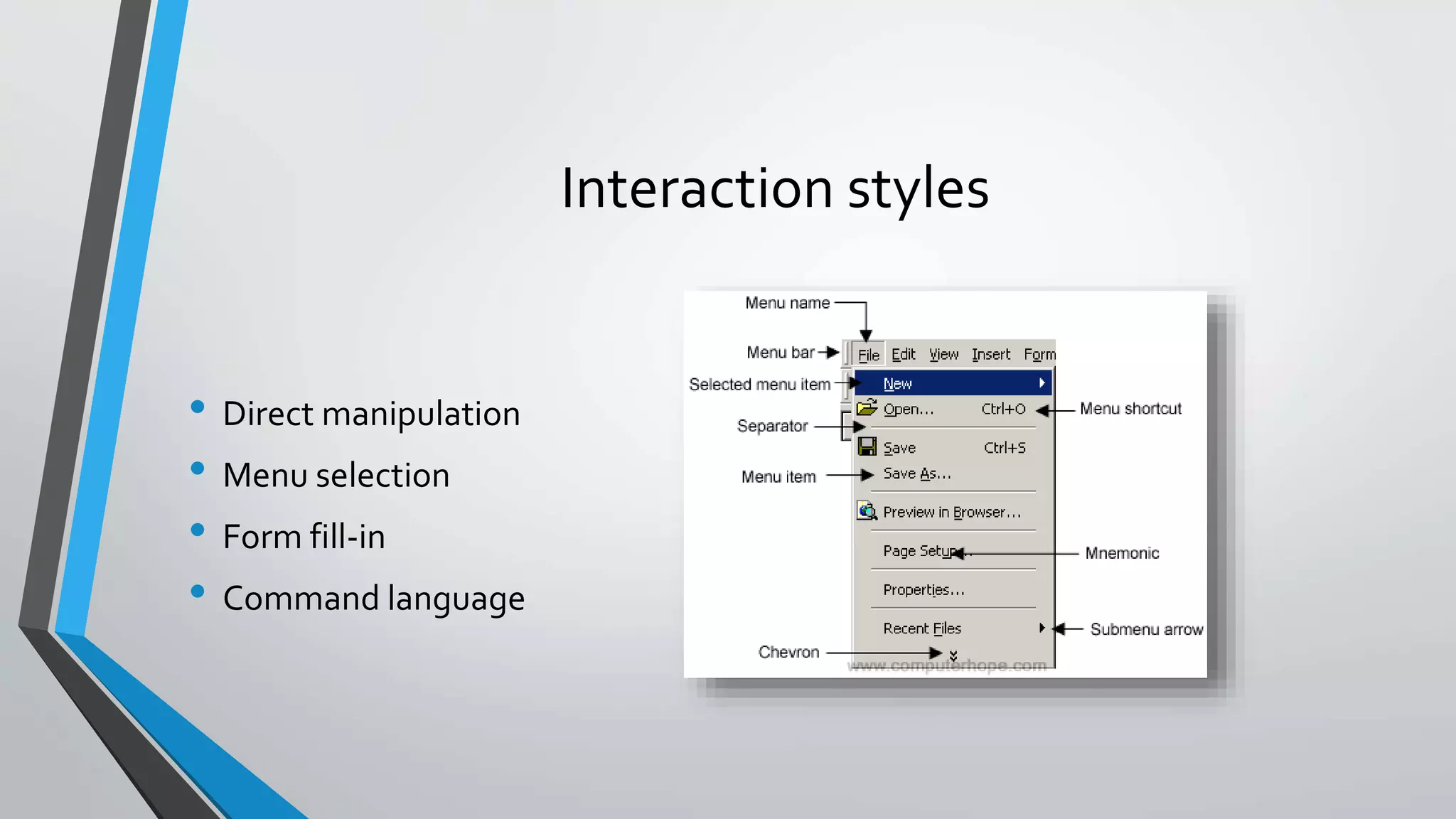 Interaction styles
• Direct manipulation
• Menu selection
• Form fill-in
• Command language
 