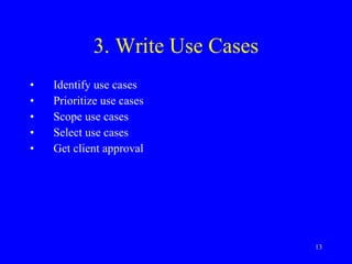 3. Write Use Cases Identify use cases Prioritize use cases Scope use cases Select use cases Get client approval 