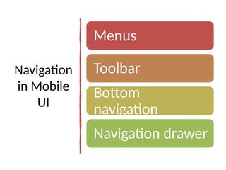 Navigation
in Mobile
UI
Menus
Toolbar
Bottom
navigation
Navigation drawer
 
