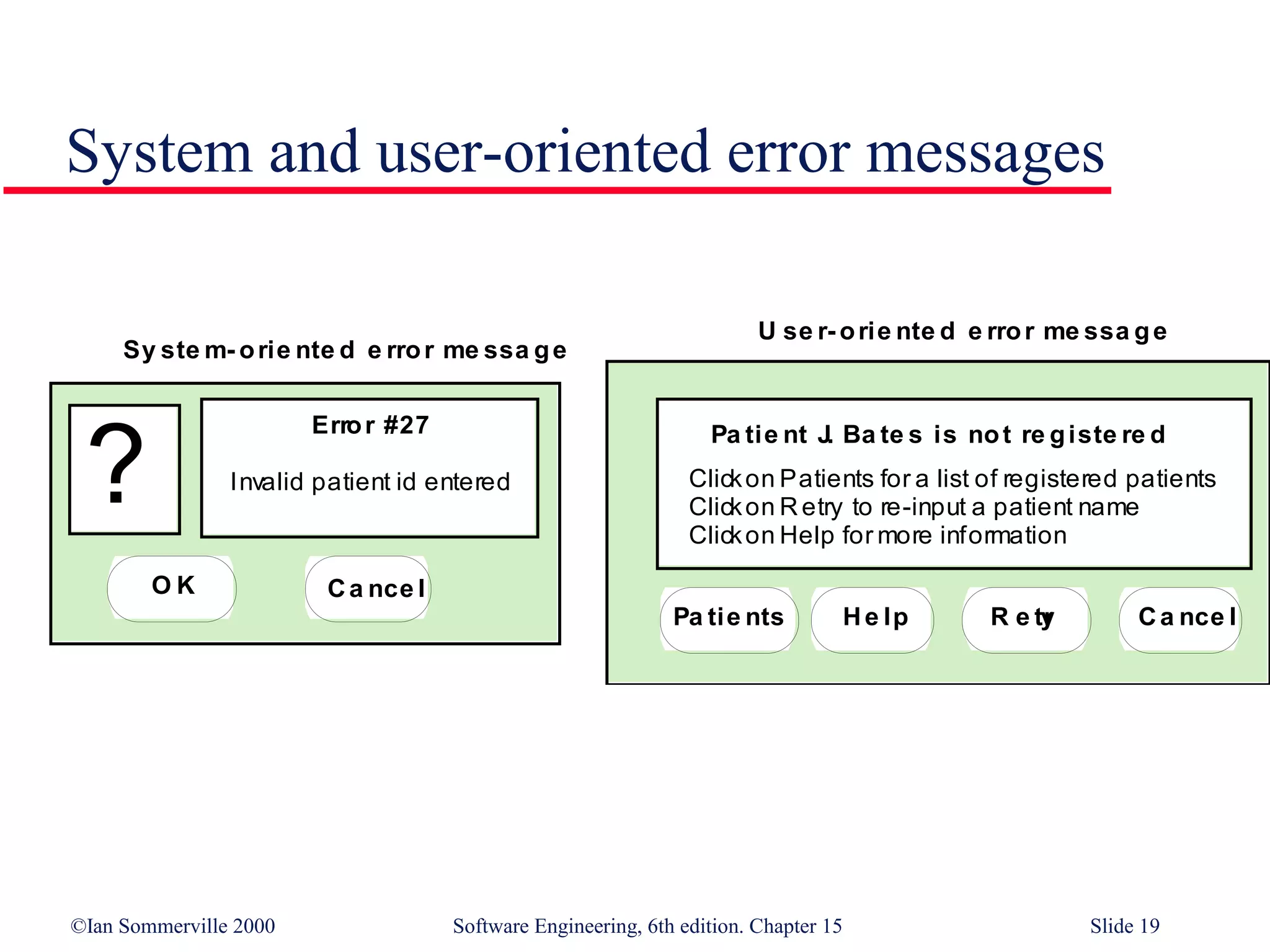 System and user-oriented error messages

                                                                        U se r- o rie nte d e rro r me ssa g e
     Sy ste m- o rie nte d e rro r me ssa g e


                        Erro r #27

 ?
                                                                  Pa tie nt J. Ba te s is no t re g iste re d
                Invalid patient id entered                      Click on Patients for a list of registered patients
                                                                Click on R etry to re-input a patient name
                                                                Click on Help for more information

        OK               C a nce l
                                                              Pa ti e nts            H e lp   R e tr
                                                                                                   y        C a nce l




©Ian Sommerville 2000                Software Engineering, 6th edition. Chapter 15                     Slide 19
 