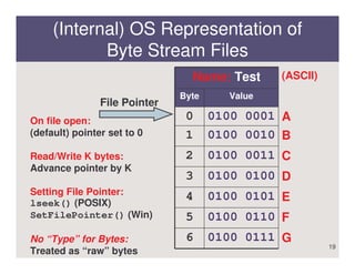 (Internal) OS Representation of
            Byte Stream Files
                                 Name: Test     (ASCII)
                               Byte     Value
                File Pointer
On file open:                   0     0100 0001 A
(default) pointer set to 0      1     0100 0010 B
Read/Write K bytes:             2     0100 0011 C
Advance pointer by K
                                3     0100 0100 D
Setting File Pointer:           4     0100 0101 E
lseek() (POSIX)
SetFilePointer() (Win)          5     0100 0110 F
No “Type” for Bytes:            6     0100 0111 G
                                                          19
Treated as “raw” bytes
 