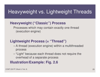 Heavyweight vs. Lightweight Threads

     Heavyweight (“Classic”) Process
          Processes which may contain exactly one thread
           (execution engine)


     Lightweight Process (= “Thread”)
          – A thread (execution engine) within a multithreaded
            process
          – “Light” because each thread does not require the
            overhead of a separate process
     Illustration/Example: Fig. 2.6
COMP 229-PP (Week 6, Feb. 8)                                     25
 
