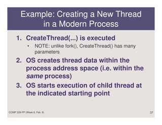 Example: Creating a New Thread
             in a Modern Process
     1. CreateThread(...) is executed
              •     NOTE: unlike fork(), CreateThread() has many
                    parameters
     2. OS creates thread data within the
        process address space (i.e. within the
        same process)
     3. OS starts execution of child thread at
        the indicated starting point

COMP 229-PP (Week 6, Feb. 8)                                       37
 