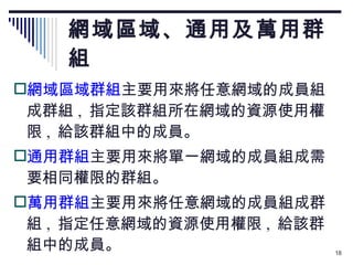 網域區域、通用及萬用群組 網域區域群組 主要用來將任意網域的成員組成群組 ,  指定該群組所在網域的資源使用權限 ,  給該群組中的成員。 通用群組 主要用來將單一網域的成員組成需要相同權限的群組。 萬用群組 主要用來將任意網域的成員組成群組 ,  指定任意網域的資源使用權限 ,  給該群組中的成員。 