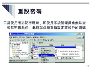重設密碼 當使用者忘記密碼時 ,  即使是系統管理員也無法查知其密碼為何 ,  此時就必須重新設定該帳戶的密碼： 