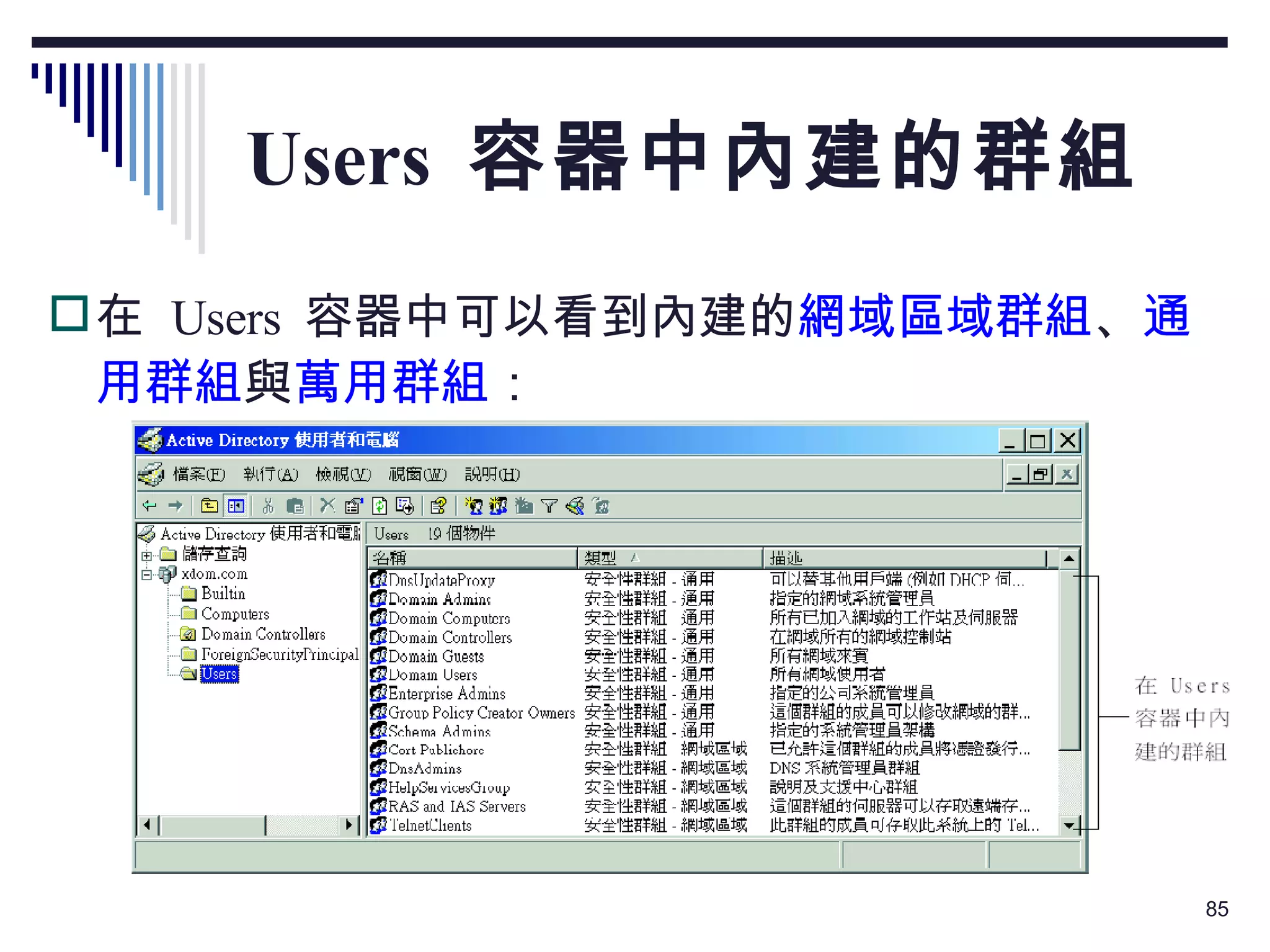 Users  容器中內建的群組 在  Users  容器中可以看到內建的 網域區域群組 、 通用群組 與 萬用群組 ： 