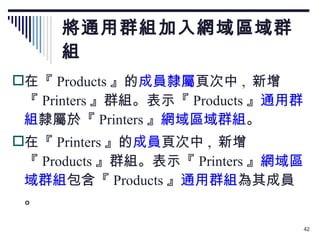 將通用群組加入網域區域群組 在『 Products 』的 成員隸屬 頁次中 ,  新增『 Printers 』群組。表示『 Products 』 通用群組 隸屬於『 Printers 』 網域區域群組 。 在『 Printers 』的 成員 頁次中 ,  新增『 Products 』群組。表示『 Printers 』 網域區域群組 包含『 Products 』 通用群組 為其成員。 