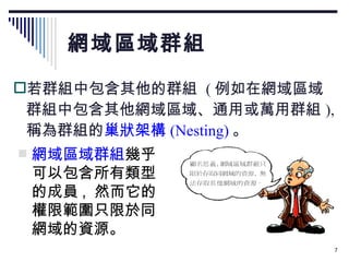 網域區域群組 若群組中包含其他的群組  ( 例如在網域區域群組中包含其他網域區域、通用或萬用群組 ),  稱為群組的 巢狀架構 (Nesting) 。 網域區域群組 幾乎可以包含所有類型的成員 ,  然而它的權限範圍只限於同網域的資源。 