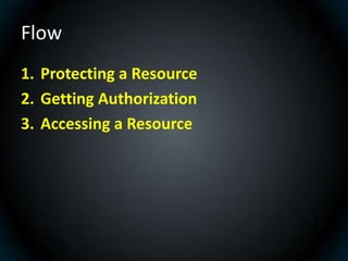 Flow
1. Protecting a Resource
2. Getting Authorization
3. Accessing a Resource
 