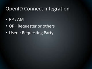 OpenID Connect Integration
• RP : AM
• OP : Requester or others
• User : Requesting Party
 