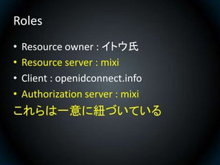 Roles
•   Resource owner : イトウ氏
•   Resource server : mixi
•   Client : openidconnect.info
•   Authorization server : mixi...