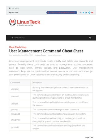  TOP MENU
Apr 23, 2023  Facebook
 Twitter
 LinkedIn
  fa-you
JOIN TO OUR FACEBOOK GROUP

 MAIN MENU
Cheat Sheets Linux
User Management Command Cheat Sheet
Last updated on April 11th, 2023 - by John Gomez - Leave a Comment
Linux user management commands create, modify, and delete user accounts and
groups. Similarly, these commands are used to manage user account properties
such as login shells, primary groups, and passwords. User management
commands help system administrators control access to resources and manage
user permissions on Linux systems to ensure security and accessibility.
Command Description
useradd
By using this command, you can create a new user account on
the system.
usermod
This command is used to modify an existing user account, such
as changing the user's password or group membership.
userdel
This command is used to delete an existing user account from
the system.
passwd This command is used to change a user's password.
groupadd This command is used to create a new group on the system.
groupmod
This command is used to modify an existing group, such as
changing the group's name or membership.
groupdel
This command is used to delete an existing group from the
system.

Page 1 of 6
 