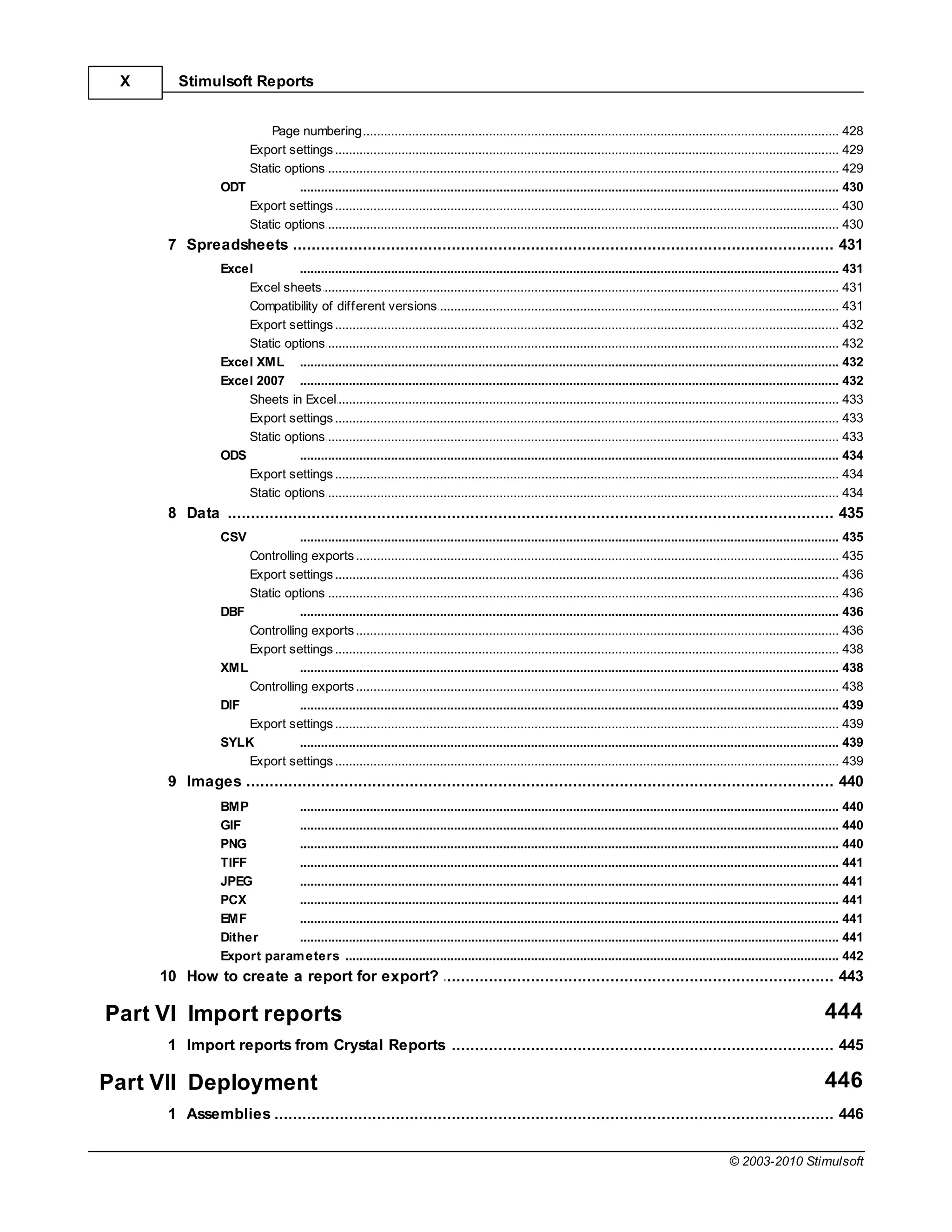 X      Stimulsoft Reports


                         Page numbering......................................................................................................................................... 428
                     Export settings
                                ......................................................................................................................................................... 429
                     Static options
                                ......................................................................................................................................................... 429
                 ODT          .......................................................................................................................................................... 430
                     Export settings
                                ......................................................................................................................................................... 430
                     Static options
                                ......................................................................................................................................................... 430
      7 Spreadsheets
            ................................................................................................................................... 431
                 Excel        .......................................................................................................................................................... 431
                     Excel sheets
                                ......................................................................................................................................................... 431
                     Compatibility of different versions
                                ......................................................................................................................................................... 431
                     Export settings
                                ......................................................................................................................................................... 432
                     Static options
                                ......................................................................................................................................................... 432
                 Excel XML .......................................................................................................................................................... 432
                 Excel 2007 .......................................................................................................................................................... 432
                     Sheets in ......................................................................................................................................................... 433
                                 Excel
                     Export settings
                                ......................................................................................................................................................... 433
                     Static options
                                ......................................................................................................................................................... 433
                 ODS          .......................................................................................................................................................... 434
                     Export settings
                                ......................................................................................................................................................... 434
                     Static options
                                ......................................................................................................................................................... 434
      8 Data ................................................................................................................................... 435
                 CSV           .......................................................................................................................................................... 435
                     Controlling exports
                                ......................................................................................................................................................... 435
                     Export settings
                                ......................................................................................................................................................... 436
                     Static options
                                ......................................................................................................................................................... 436
                 DBF           .......................................................................................................................................................... 436
                     Controlling exports
                                ......................................................................................................................................................... 436
                     Export settings
                                ......................................................................................................................................................... 438
                 XML           .......................................................................................................................................................... 438
                     Controlling exports
                                ......................................................................................................................................................... 438
                 DIF           .......................................................................................................................................................... 439
                     Export settings
                                ......................................................................................................................................................... 439
                 SYLK          .......................................................................................................................................................... 439
                     Export settings
                                ......................................................................................................................................................... 439
      9 Images
            ................................................................................................................................... 440
                 BMP         .......................................................................................................................................................... 440
                 GIF         .......................................................................................................................................................... 440
                 PNG         .......................................................................................................................................................... 440
                 TIFF        .......................................................................................................................................................... 441
                 JPEG        .......................................................................................................................................................... 441
                 PCX         .......................................................................................................................................................... 441
                 EMF         .......................................................................................................................................................... 441
                 Dither      .......................................................................................................................................................... 441
                 Export param eters
                             .......................................................................................................................................................... 442
     10 How ................................................................................................................................... 443
            to create a report for export?

Part VI Import reports                                                                                                                                                            444
      1 Import reports from Crystal Reports
            ................................................................................................................................... 445

Part VII Deployment                                                                                                                                                               446
      1 Assemblies
            ................................................................................................................................... 446


                                                                                                                                                         © 2003-2010 Stimulsoft
 