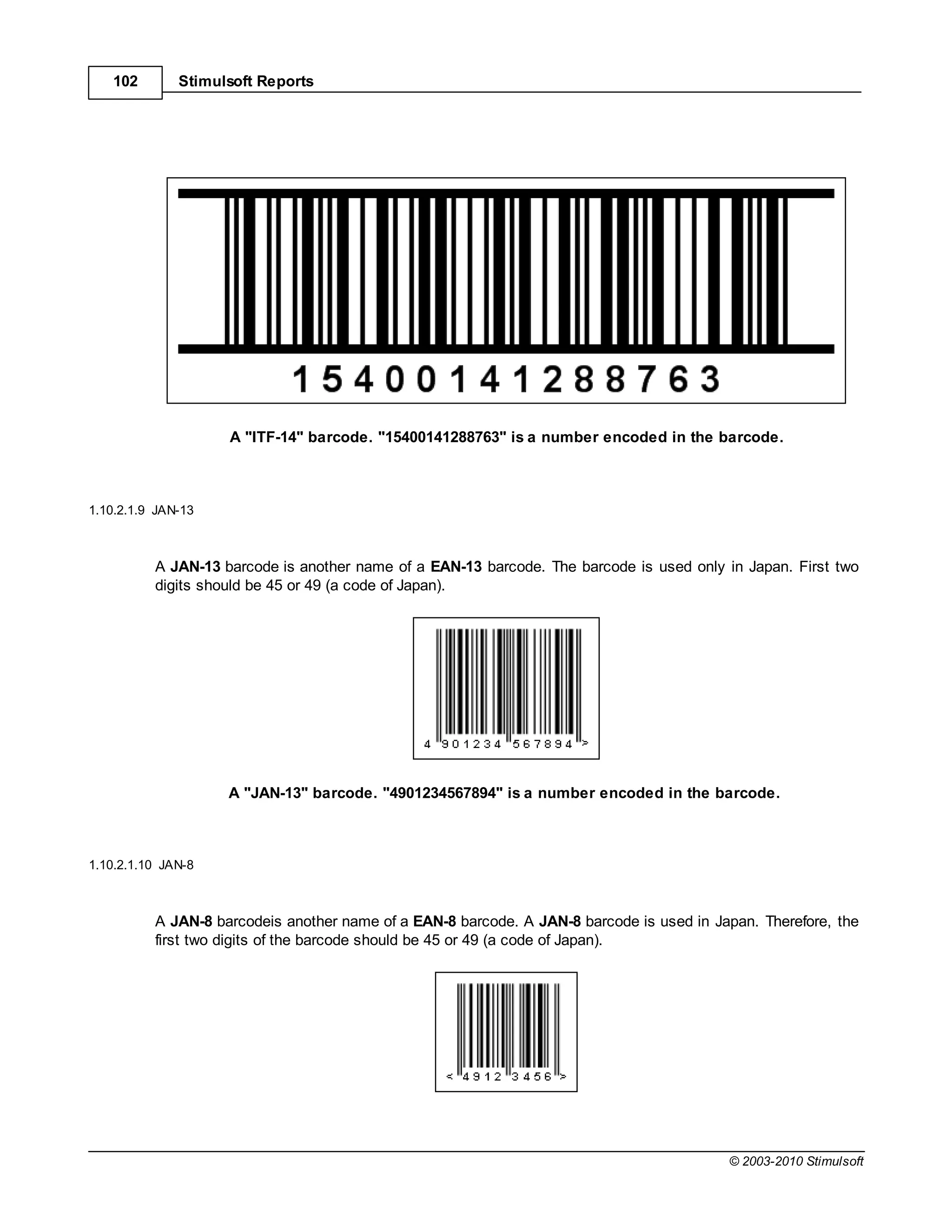 102        Stimulsoft Reports




                    A "ITF-14" barcode. "15400141288763" is a number encoded in the barcode.



1.10.2.1.9 JAN-13



          A JAN-13 barcode is another name of a EAN-13 barcode. The barcode is used only in Japan. First two
          digits should be 45 or 49 (a code of Japan).




                    A "JAN-13" barcode. "4901234567894" is a number encoded in the barcode.



1.10.2.1.10 JAN-8



          A JAN-8 barcodeis another name of a EAN-8 barcode. A JAN-8 barcode is used in Japan. Therefore, the
          first two digits of the barcode should be 45 or 49 (a code of Japan).




                                                                                          © 2003-2010 Stimulsoft
 