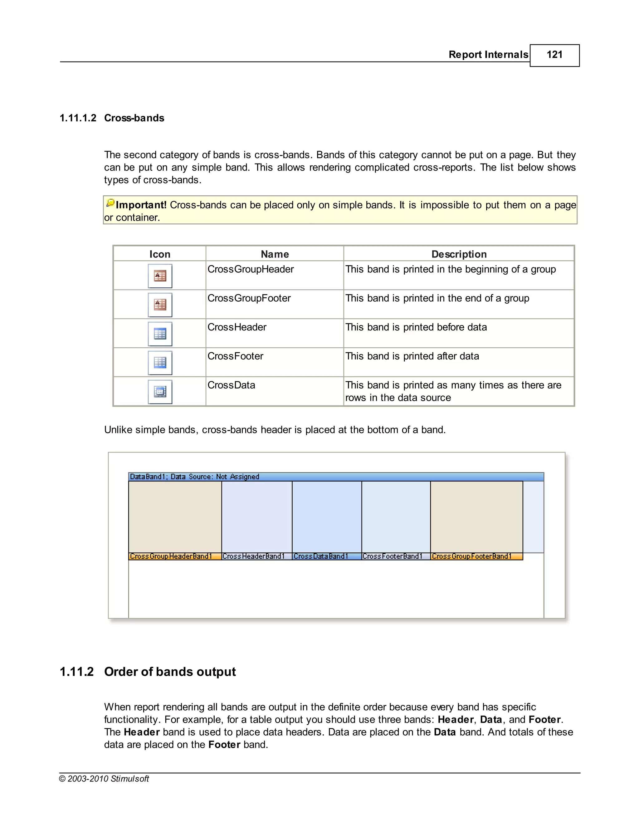 Report Internals    121




1.11.1.2 Cross-bands


           The second category of bands is cross-bands. Bands of this category cannot be put on a page. But they
           can be put on any simple band. This allows rendering complicated cross-reports. The list below shows
           types of cross-bands.

              Important! Cross-bands can be placed only on simple bands. It is impossible to put them on a page
           or container.


                         Icon              Name                                    Description
                                 CrossGroupHeader              This band is printed in the beginning of a group

                                 CrossGroupFooter              This band is printed in the end of a group

                                 CrossHeader                   This band is printed before data

                                 CrossFooter                   This band is printed after data

                                 CrossData                     This band is printed as many times as there are
                                                               rows in the data source


           Unlike simple bands, cross-bands header is placed at the bottom of a band.




1.11.2 Order of bands output

           When report rendering all bands are output in the definite order because every band has specific
           functionality. For example, for a table output you should use three bands: Header, Data, and Footer.
           The Header band is used to place data headers. Data are placed on the Data band. And totals of these
           data are placed on the Footer band.


© 2003-2010 Stimulsoft
 