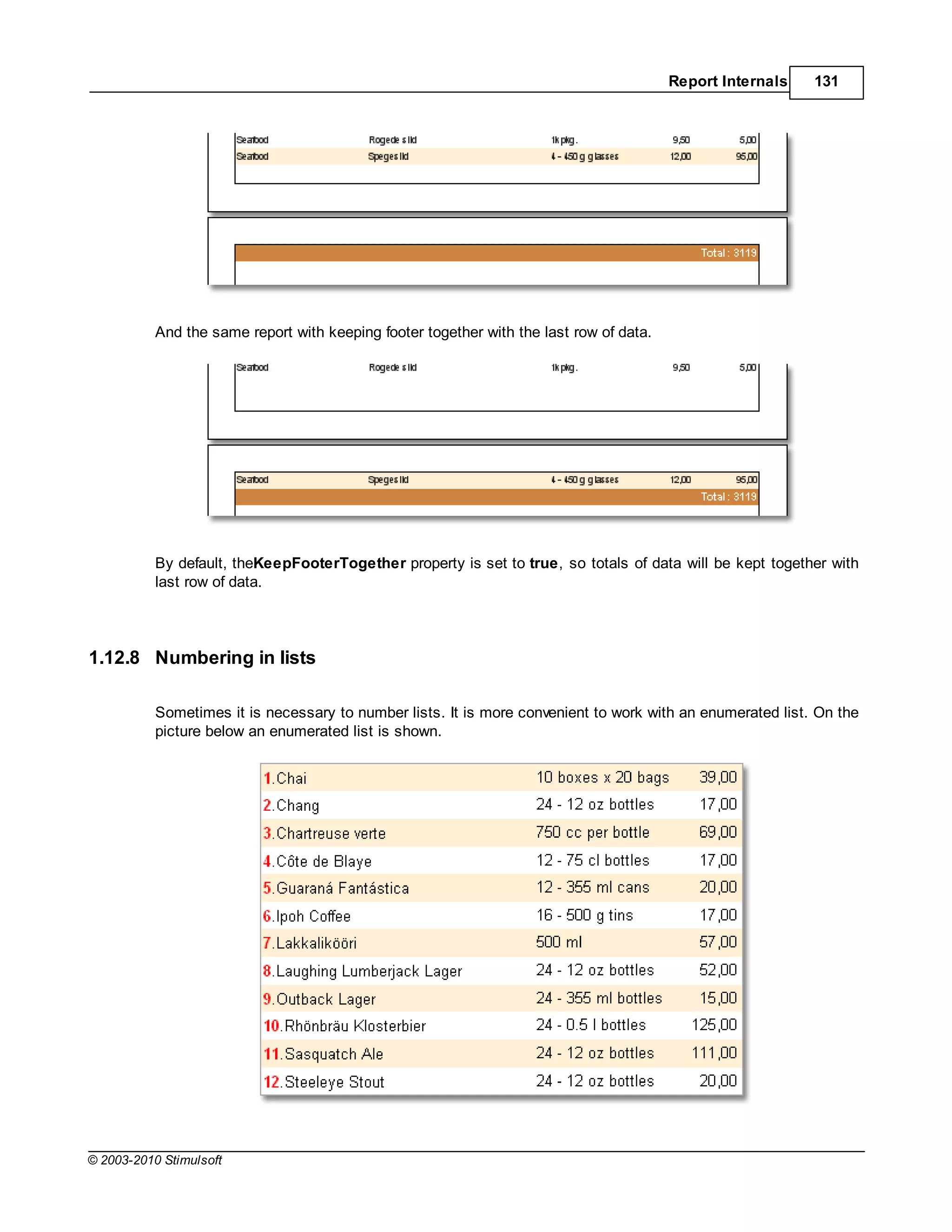 Report Internals   131




           And the same report with keeping footer together with the last row of data.




           By default, theKeepFooterTogether property is set to true, so totals of data will be kept together with
           last row of data.




1.12.8 Numbering in lists

           Sometimes it is necessary to number lists. It is more convenient to work with an enumerated list. On the
           picture below an enumerated list is shown.




© 2003-2010 Stimulsoft
 