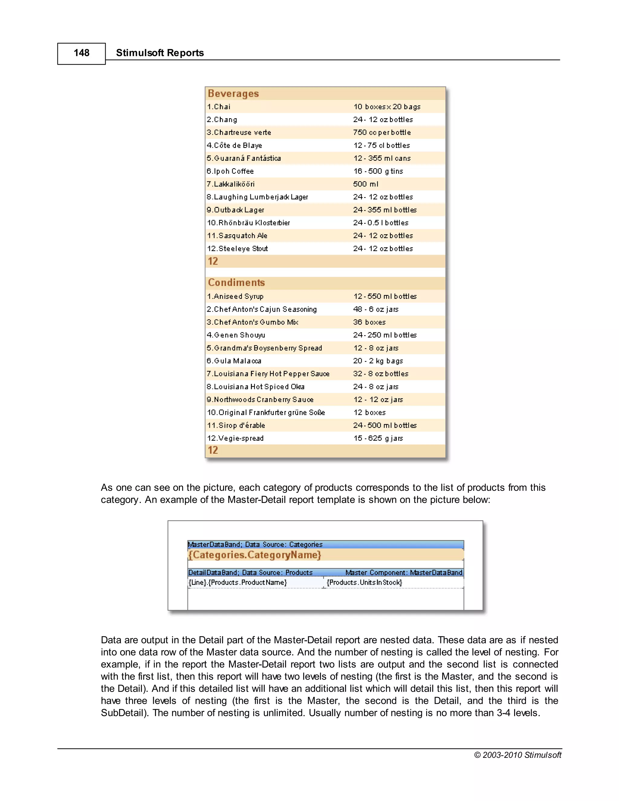148      Stimulsoft Reports




      As one can see on the picture, each category of products corresponds to the list of products from this
      category. An example of the Master-Detail report template is shown on the picture below:




      Data are output in the Detail part of the Master-Detail report are nested data. These data are as if nested
      into one data row of the Master data source. And the number of nesting is called the level of nesting. For
      example, if in the report the Master-Detail report two lists are output and the second list is connected
      with the first list, then this report will have two levels of nesting (the first is the Master, and the second is
      the Detail). And if this detailed list will have an additional list which will detail this list, then this report will
      have three levels of nesting (the first is the Master, the second is the Detail, and the third is the
      SubDetail). The number of nesting is unlimited. Usually number of nesting is no more than 3-4 levels.



                                                                                                      © 2003-2010 Stimulsoft
 