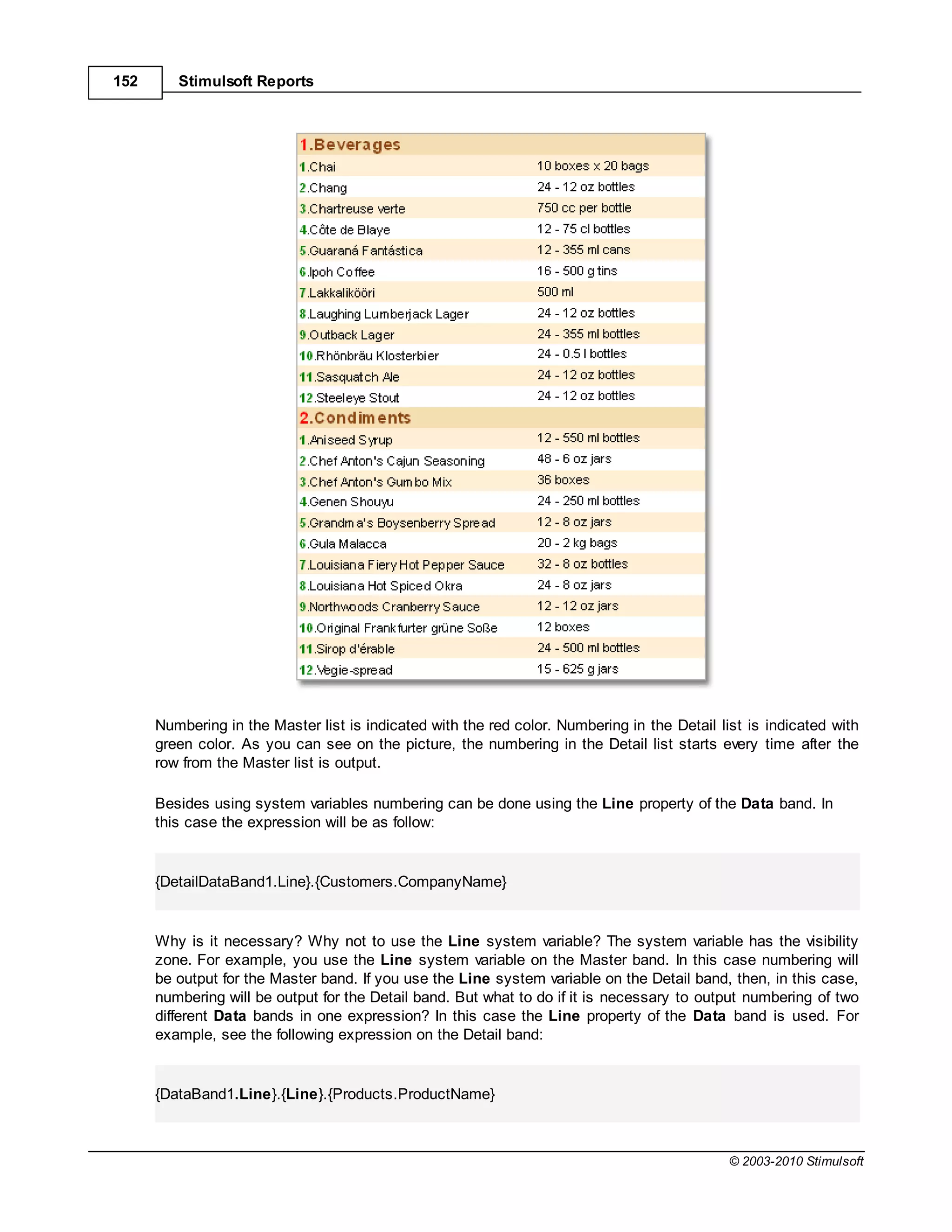 152      Stimulsoft Reports




      Numbering in the Master list is indicated with the red color. Numbering in the Detail list is indicated with
      green color. As you can see on the picture, the numbering in the Detail list starts every time after the
      row from the Master list is output.

      Besides using system variables numbering can be done using the Line property of the Data band. In
      this case the expression will be as follow:


      {DetailDataBand1.Line}.{Customers.CompanyName}


      Why is it necessary? Why not to use the Line system variable? The system variable has the visibility
      zone. For example, you use the Line system variable on the Master band. In this case numbering will
      be output for the Master band. If you use the Line system variable on the Detail band, then, in this case,
      numbering will be output for the Detail band. But what to do if it is necessary to output numbering of two
      different Data bands in one expression? In this case the Line property of the Data band is used. For
      example, see the following expression on the Detail band:


      {DataBand1.Line}.{Line}.{Products.ProductName}



                                                                                              © 2003-2010 Stimulsoft
 