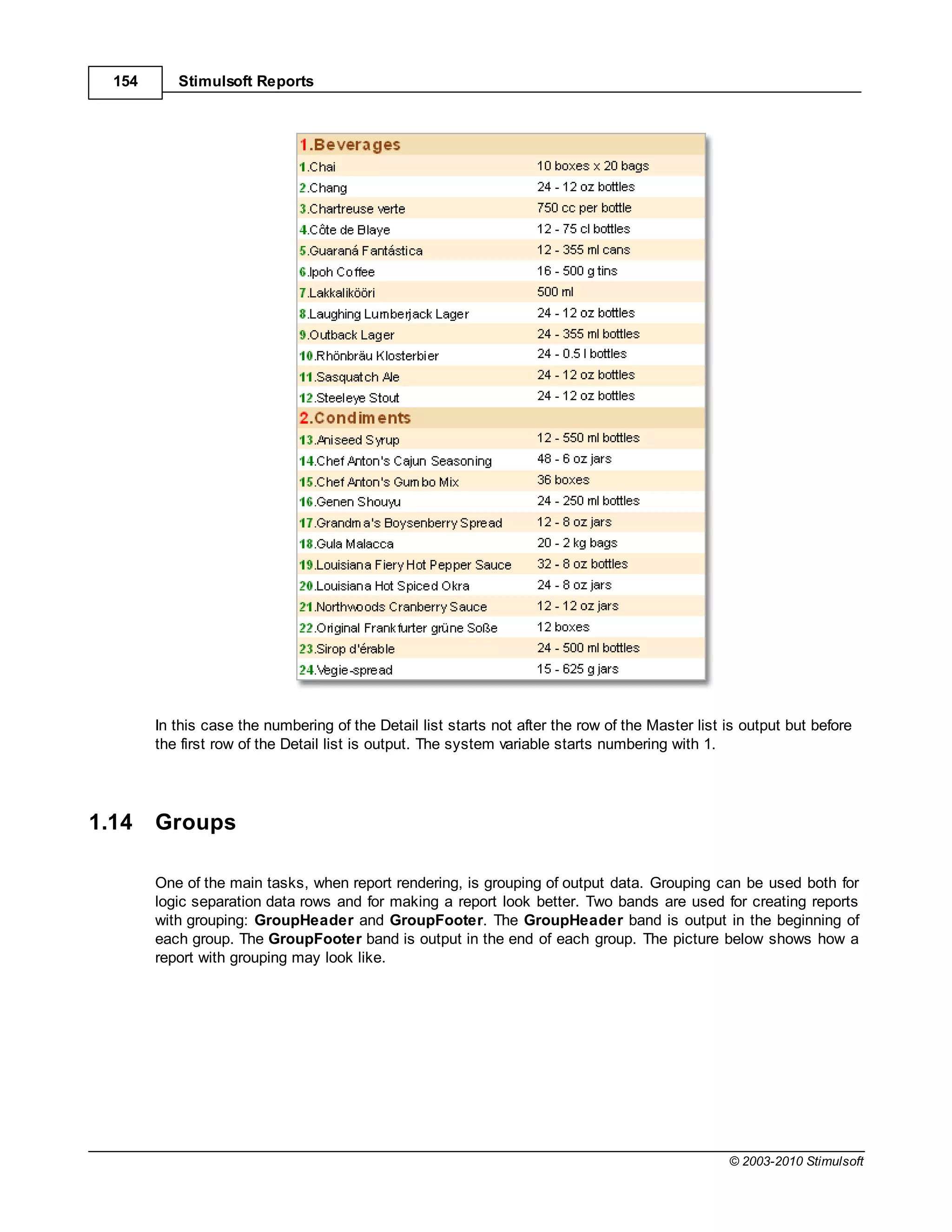 154      Stimulsoft Reports




        In this case the numbering of the Detail list starts not after the row of the Master list is output but before
        the first row of the Detail list is output. The system variable starts numbering with 1.




1.14    Groups

        One of the main tasks, when report rendering, is grouping of output data. Grouping can be used both for
        logic separation data rows and for making a report look better. Two bands are used for creating reports
        with grouping: GroupHeader and GroupFooter. The GroupHeader band is output in the beginning of
        each group. The GroupFooter band is output in the end of each group. The picture below shows how a
        report with grouping may look like.




                                                                                                  © 2003-2010 Stimulsoft
 