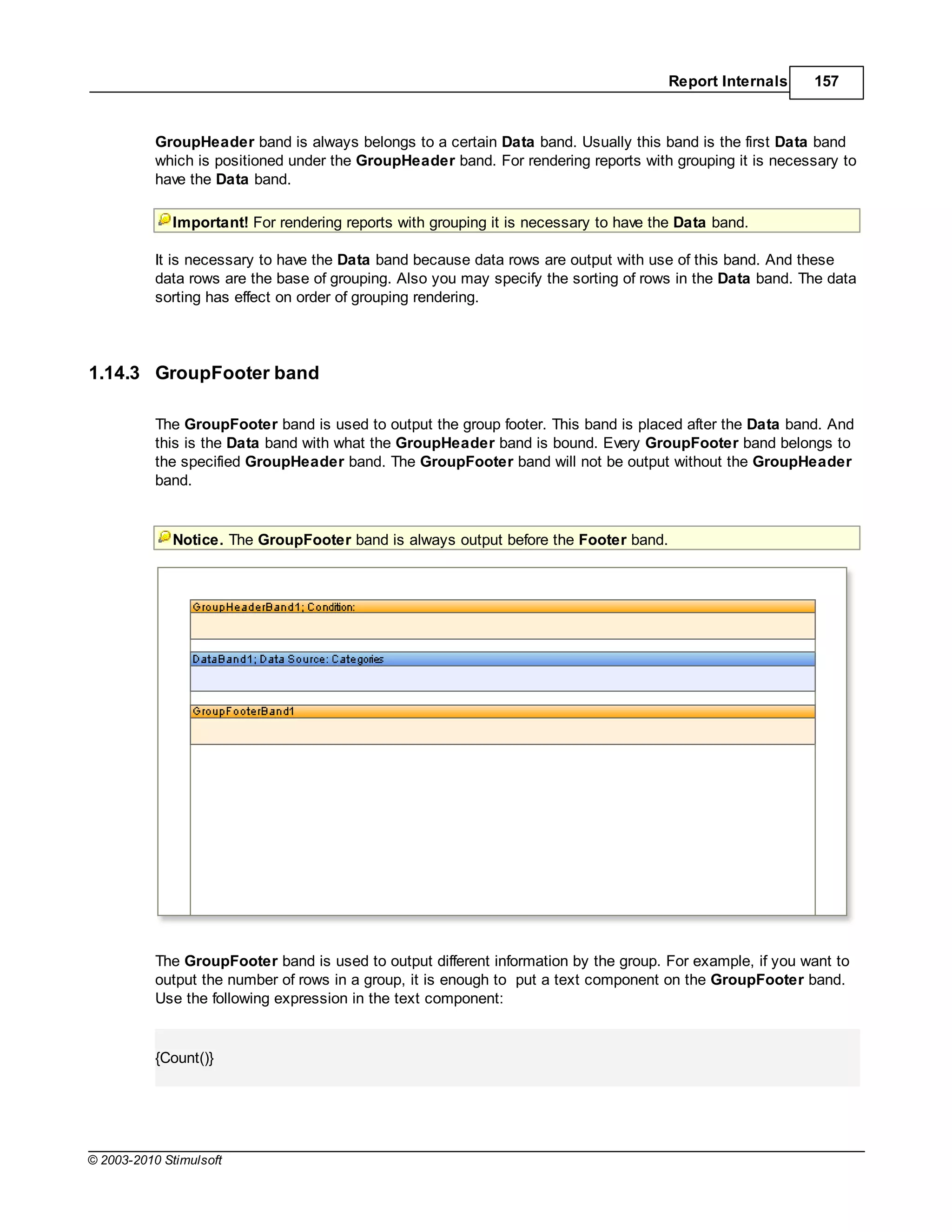 Report Internals     157



           GroupHeader band is always belongs to a certain Data band. Usually this band is the first Data band
           which is positioned under the GroupHeader band. For rendering reports with grouping it is necessary to
           have the Data band.

             Important! For rendering reports with grouping it is necessary to have the Data band.

           It is necessary to have the Data band because data rows are output with use of this band. And these
           data rows are the base of grouping. Also you may specify the sorting of rows in the Data band. The data
           sorting has effect on order of grouping rendering.




1.14.3 GroupFooter band

           The GroupFooter band is used to output the group footer. This band is placed after the Data band. And
           this is the Data band with what the GroupHeader band is bound. Every GroupFooter band belongs to
           the specified GroupHeader band. The GroupFooter band will not be output without the GroupHeader
           band.


             Notice. The GroupFooter band is always output before the Footer band.




           The GroupFooter band is used to output different information by the group. For example, if you want to
           output the number of rows in a group, it is enough to put a text component on the GroupFooter band.
           Use the following expression in the text component:


           {Count()}




© 2003-2010 Stimulsoft
 