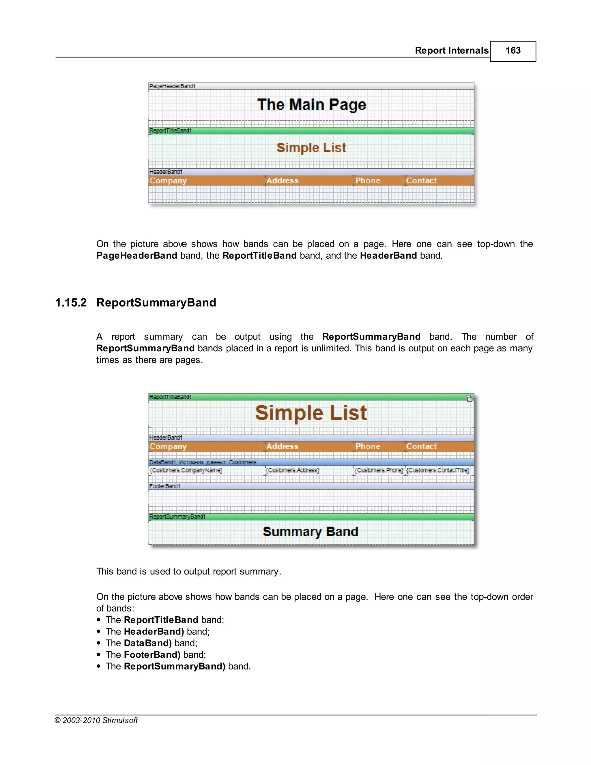 Report Internals    163




           On the picture above shows how bands can be placed on a page. Here one can see top-down the
           PageHeaderBand band, the ReportTitleBand band, and the HeaderBand band.




1.15.2 ReportSummaryBand

           A report summary can be output using the ReportSummaryBand band. The number of
           ReportSummaryBand bands placed in a report is unlimited. This band is output on each page as many
           times as there are pages.




           This band is used to output report summary.

           On the picture above shows how bands can be placed on a page. Here one can see the top-down order
           of bands:
              The ReportTitleBand band;
              The HeaderBand) band;
              The DataBand) band;
              The FooterBand) band;
              The ReportSummaryBand) band.




© 2003-2010 Stimulsoft
 