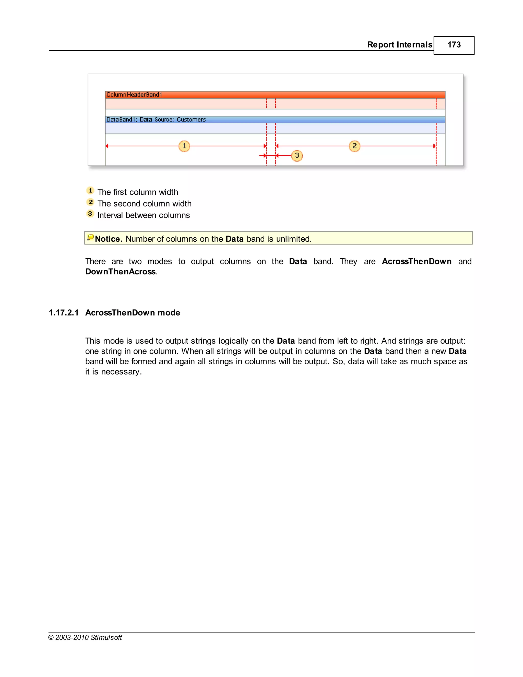 Report Internals      173




              The first column width
              The second column width
              Interval between columns

             Notice. Number of columns on the Data band is unlimited.

           There are two modes to output columns on the Data band. They are AcrossThenDown and
           DownThenAcross.



1.17.2.1 AcrossThenDown mode


           This mode is used to output strings logically on the Data band from left to right. And strings are output:
           one string in one column. When all strings will be output in columns on the Data band then a new Data
           band will be formed and again all strings in columns will be output. So, data will take as much space as
           it is necessary.




© 2003-2010 Stimulsoft
 