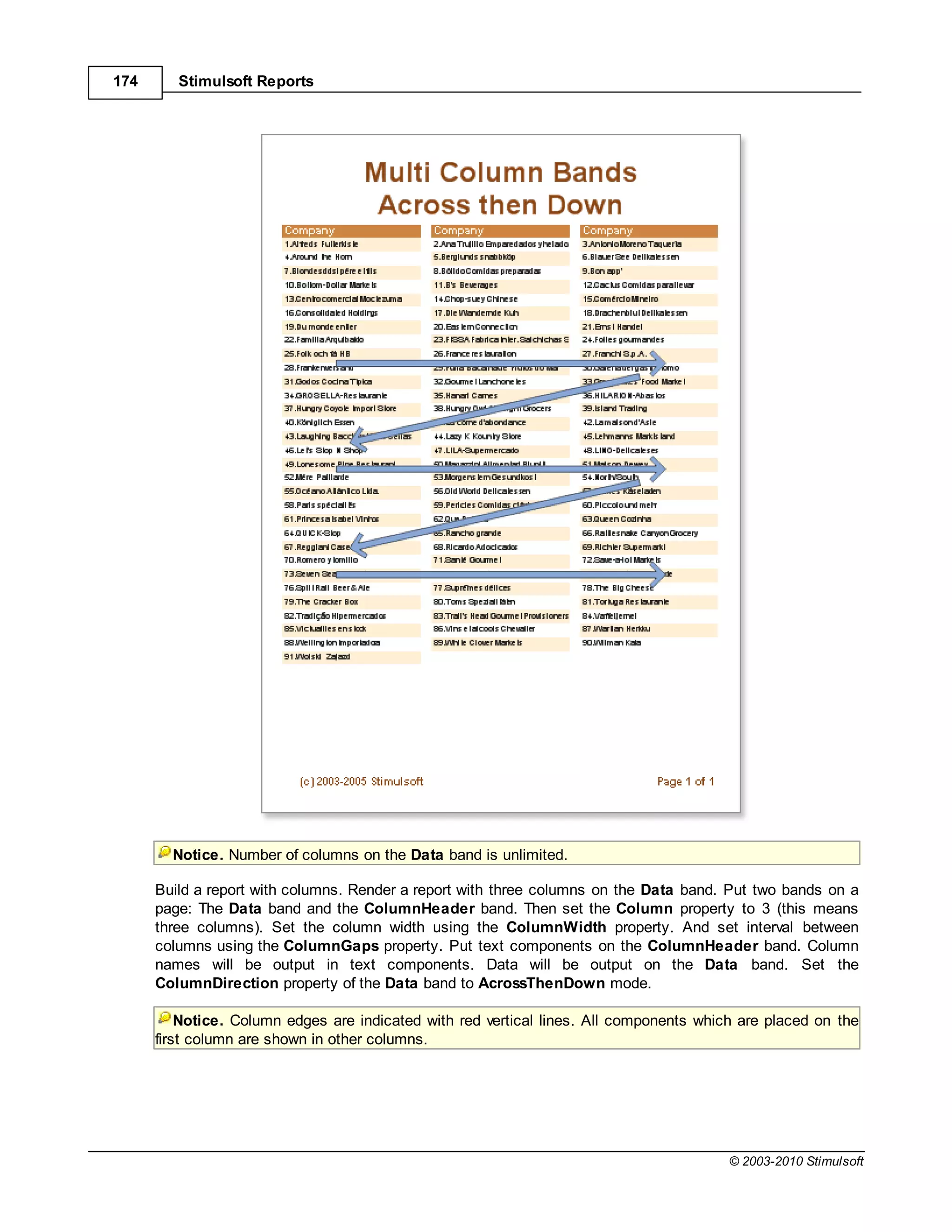 174      Stimulsoft Reports




        Notice. Number of columns on the Data band is unlimited.

      Build a report with columns. Render a report with three columns on the Data band. Put two bands on a
      page: The Data band and the ColumnHeader band. Then set the Column property to 3 (this means
      three columns). Set the column width using the ColumnWidth property. And set interval between
      columns using the ColumnGaps property. Put text components on the ColumnHeader band. Column
      names will be output in text components. Data will be output on the Data band. Set the
      ColumnDirection property of the Data band to AcrossThenDown mode.

          Notice. Column edges are indicated with red vertical lines. All components which are placed on the
      first column are shown in other columns.




                                                                                         © 2003-2010 Stimulsoft
 