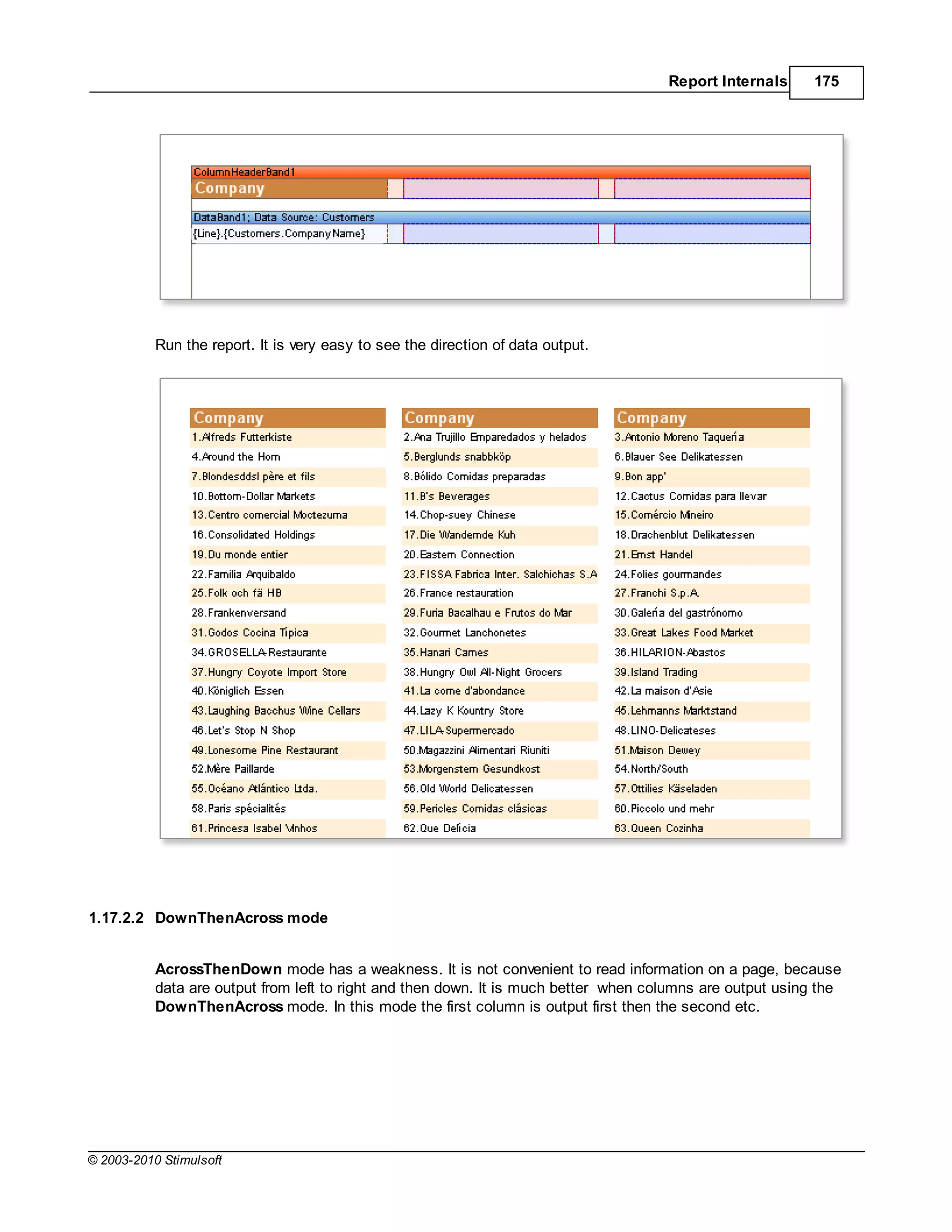 Report Internals      175




           Run the report. It is very easy to see the direction of data output.




1.17.2.2 DownThenAcross mode


           AcrossThenDown mode has a weakness. It is not convenient to read information on a page, because
           data are output from left to right and then down. It is much better when columns are output using the
           DownThenAcross mode. In this mode the first column is output first then the second etc.




© 2003-2010 Stimulsoft
 