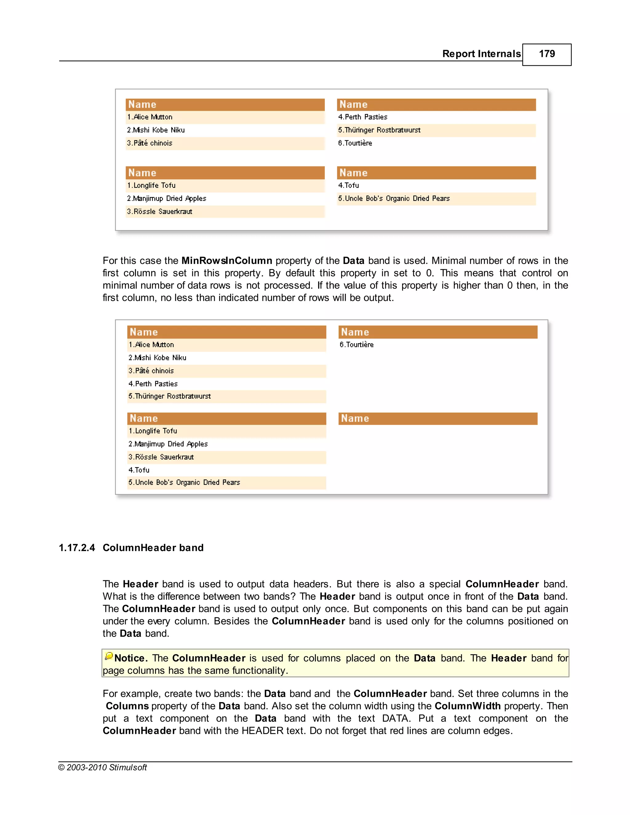 Report Internals      179




           For this case the MinRowsInColumn property of the Data band is used. Minimal number of rows in the
           first column is set in this property. By default this property in set to 0. This means that control on
           minimal number of data rows is not processed. If the value of this property is higher than 0 then, in the
           first column, no less than indicated number of rows will be output.




1.17.2.4 ColumnHeader band


           The Header band is used to output data headers. But there is also a special ColumnHeader band.
           What is the difference between two bands? The Header band is output once in front of the Data band.
           The ColumnHeader band is used to output only once. But components on this band can be put again
           under the every column. Besides the ColumnHeader band is used only for the columns positioned on
           the Data band.

             Notice. The ColumnHeader is used for columns placed on the Data band. The Header band for
           page columns has the same functionality.

           For example, create two bands: the Data band and the ColumnHeader band. Set three columns in the
            Columns property of the Data band. Also set the column width using the ColumnWidth property. Then
           put a text component on the Data band with the text DATA. Put a text component on the
           ColumnHeader band with the HEADER text. Do not forget that red lines are column edges.


© 2003-2010 Stimulsoft
 