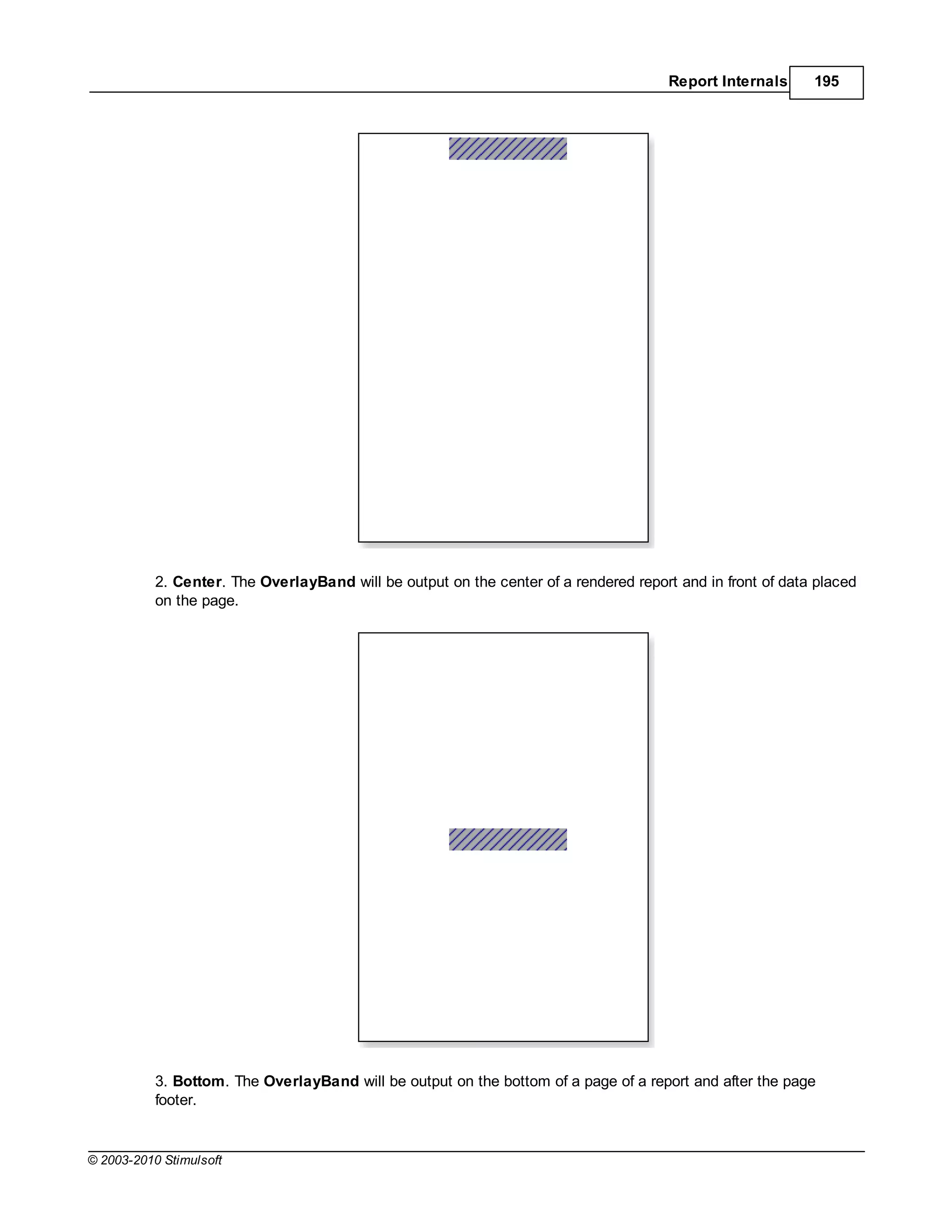 Report Internals     195




           2. Center. The OverlayBand will be output on the center of a rendered report and in front of data placed
           on the page.




           3. Bottom. The OverlayBand will be output on the bottom of a page of a report and after the page
           footer.


© 2003-2010 Stimulsoft
 