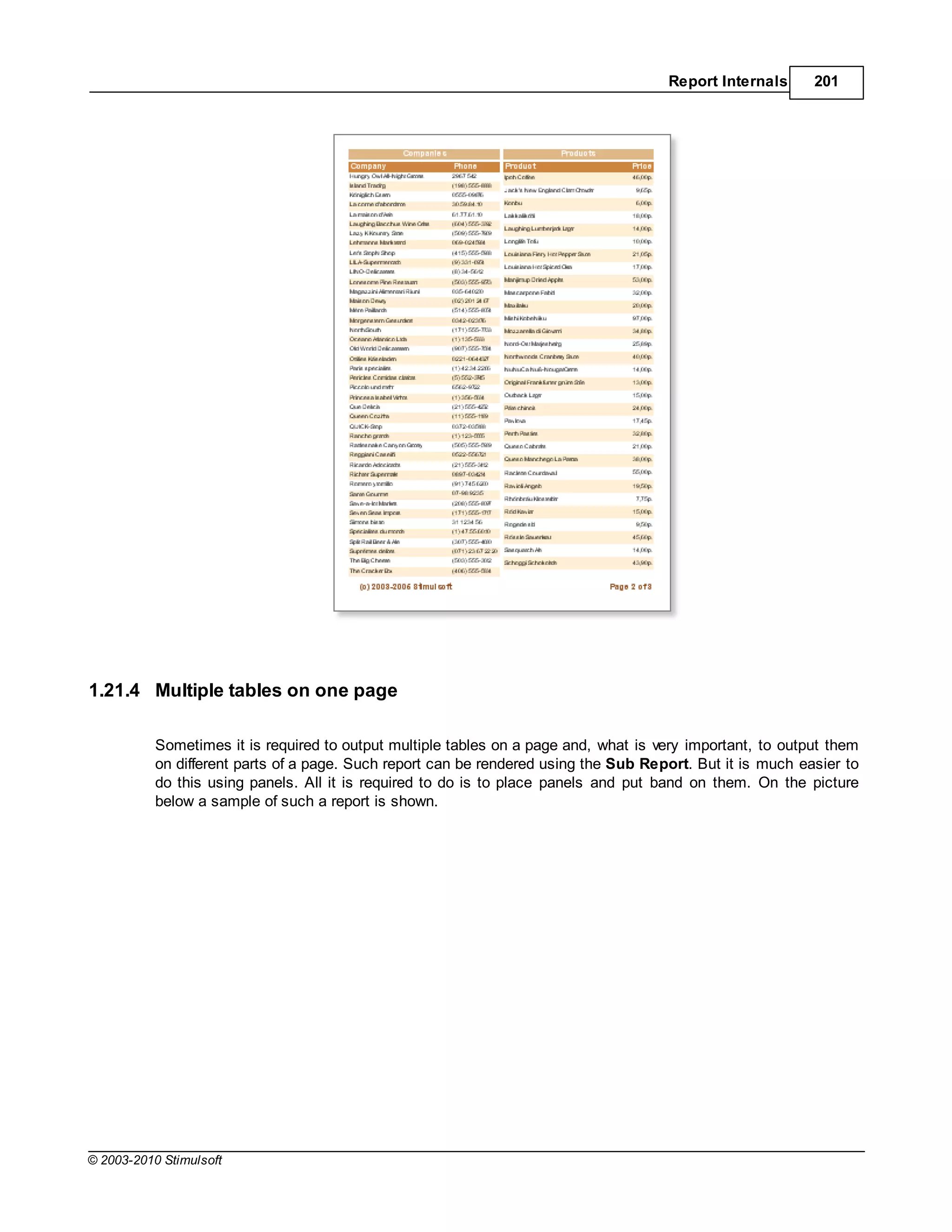 Report Internals      201




1.21.4 Multiple tables on one page

           Sometimes it is required to output multiple tables on a page and, what is very important, to output them
           on different parts of a page. Such report can be rendered using the Sub Report. But it is much easier to
           do this using panels. All it is required to do is to place panels and put band on them. On the picture
           below a sample of such a report is shown.




© 2003-2010 Stimulsoft
 