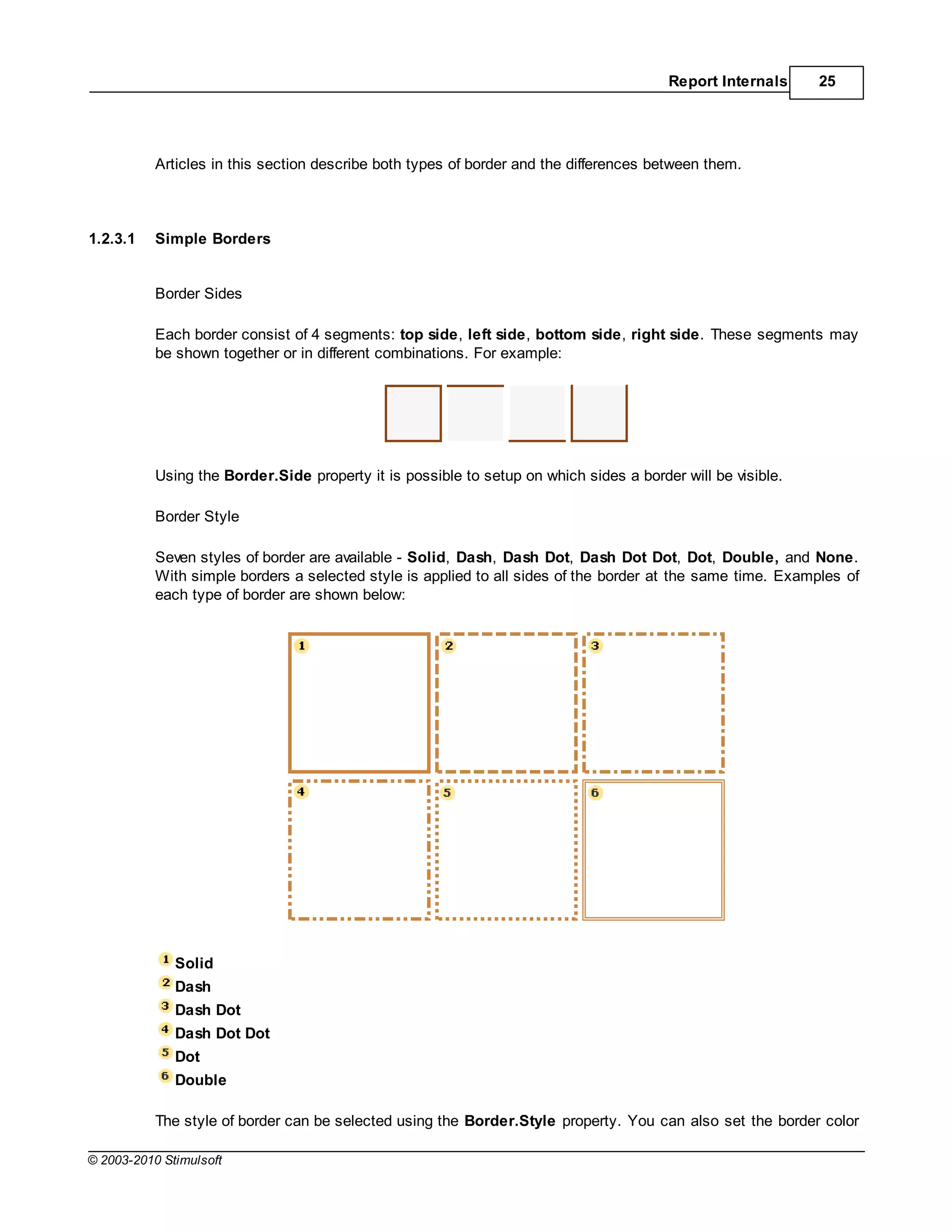 Report Internals     25




           Articles in this section describe both types of border and the differences between them.



1.2.3.1    Simple Borders


           Border Sides

           Each border consist of 4 segments: top side, left side, bottom side, right side. These segments may
           be shown together or in different combinations. For example:




           Using the Border.Side property it is possible to setup on which sides a border will be visible.

           Border Style

           Seven styles of border are available - Solid, Dash, Dash Dot, Dash Dot Dot, Dot, Double, and None.
           With simple borders a selected style is applied to all sides of the border at the same time. Examples of
           each type of border are shown below:




              Solid
              Dash
              Dash Dot
              Dash Dot Dot
              Dot
              Double

           The style of border can be selected using the Border.Style property. You can also set the border color

© 2003-2010 Stimulsoft
 