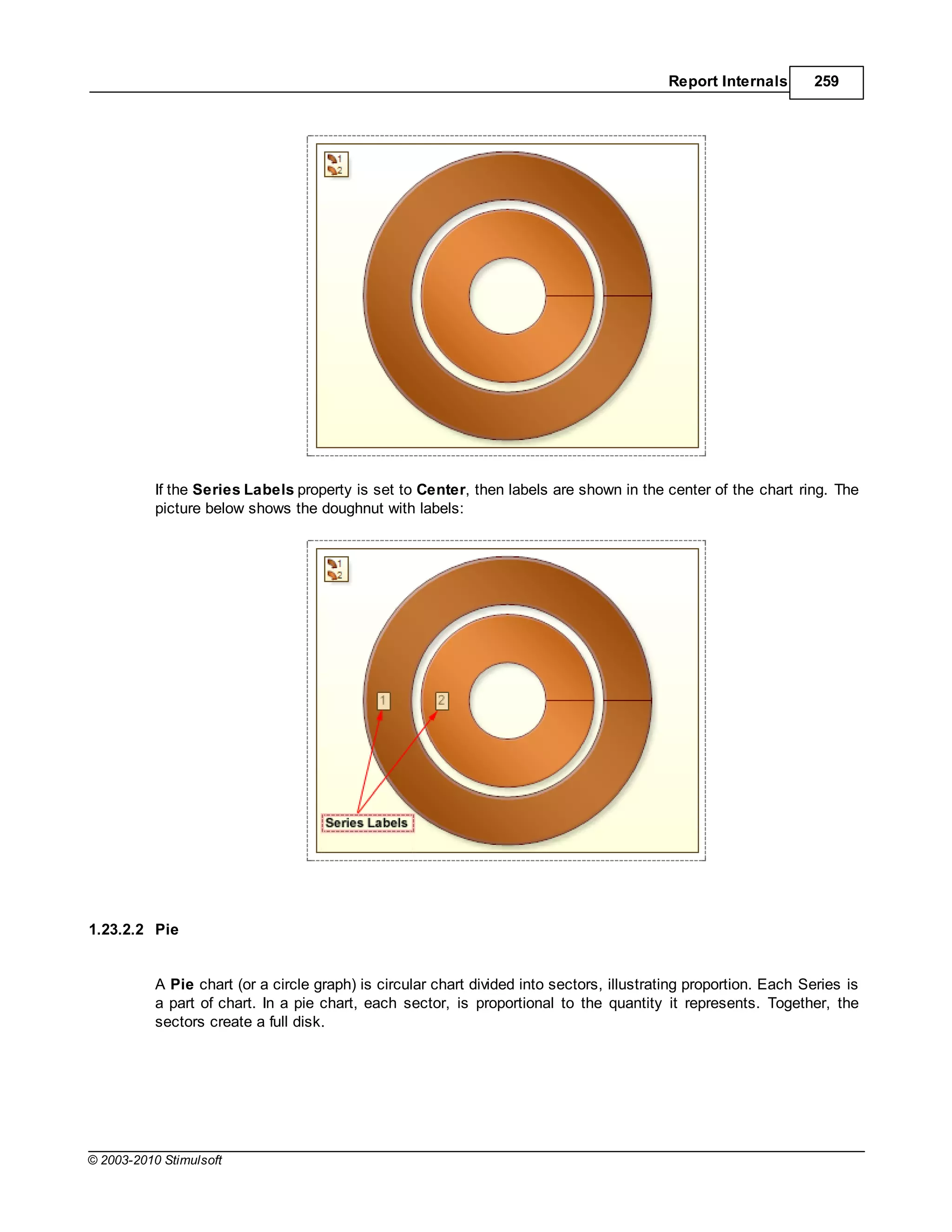 Report Internals       259




           If the Series Labels property is set to Center, then labels are shown in the center of the chart ring. The
           picture below shows the doughnut with labels:




1.23.2.2 Pie


           A Pie chart (or a circle graph) is circular chart divided into sectors, illustrating proportion. Each Series is
           a part of chart. In a pie chart, each sector, is proportional to the quantity it represents. Together, the
           sectors create a full disk.




© 2003-2010 Stimulsoft
 